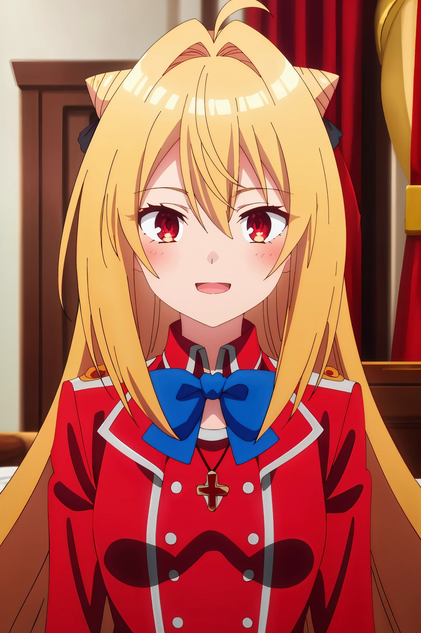 (( Luchshee Kachestvo)),(( very detailed)), Masterpiece ,absurdities, detailed face, beautiful face,( looks at the viewer )  1girl,  terakomari ,  blond hair,  long hair,  Red eyes , One,  open mouth, ( mouth open : 1.3),  looks at the viewer , a gift,  happy face, blushes,  blush, blue a gift, cone  hair bun ,  turn red,  hair bun , ,   cross hair between eyes,  upper body ,  hair admission , tape,  long sleeves,  open mouth,  chelka, blazer, red blazer,  hands behind your back,  jewelry, very  long hair,  gemstone ,  indoors,  double bun,  eyes closed, curtains, shirt,  red shirt ,  sitting on the bed, the view in front of , 