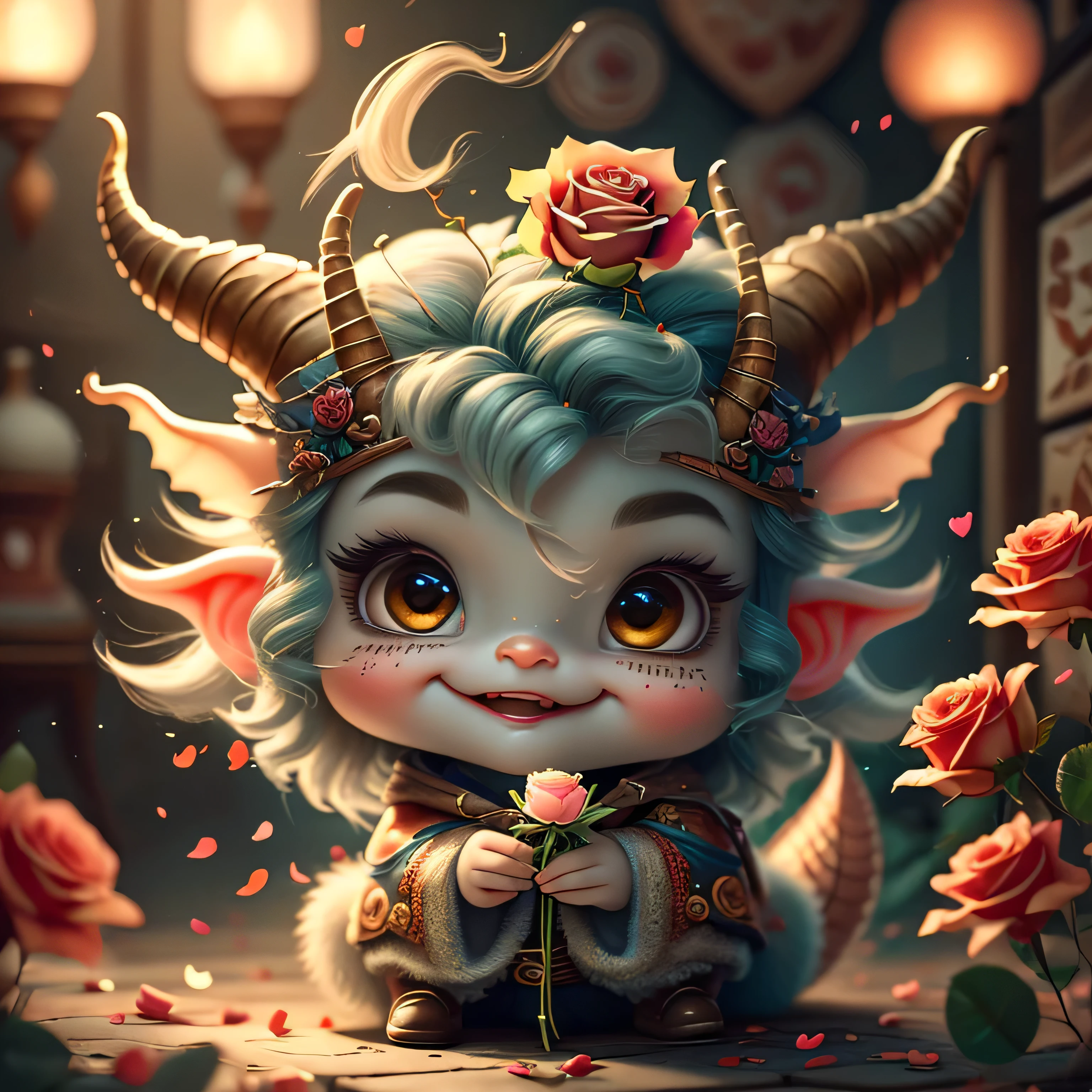 whimsical airbrush and oil painting, a very cute little imp with horns and a tail. He is dressed in dark colors and has a mischievous and slightly sinister expression on his face. A small trident or fireball to his hands. peeking around a wall, only head and arm are vissible, he is holding a rose, looking shy, text on the wall ' will you be my Valentine ', background looks vintage
