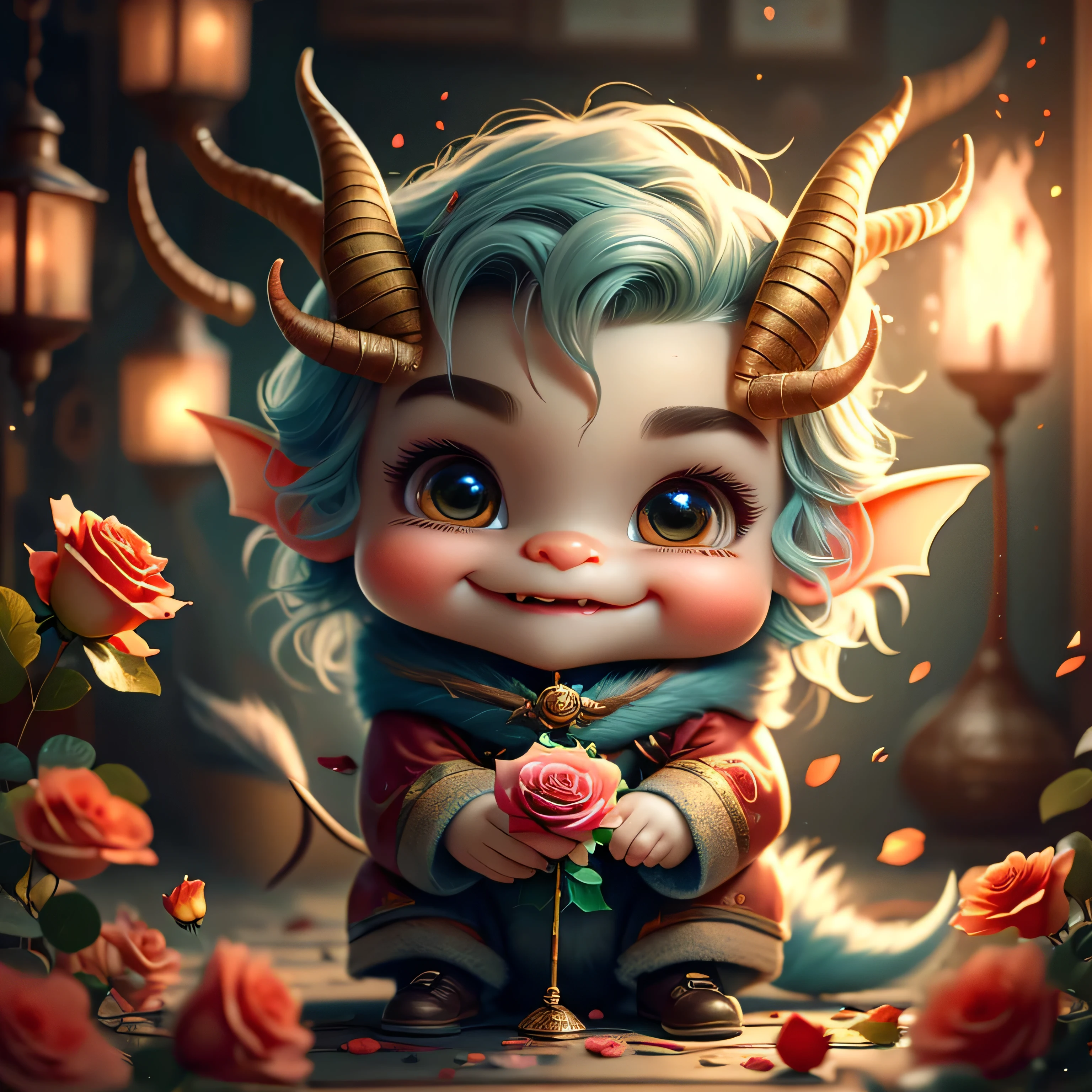 whimsical airbrush and oil painting, a very cute little imp with horns and a tail. He is dressed in dark colors and has a mischievous and slightly sinister expression on his face. A small trident or fireball to his hands. peeking around a wall, only head and arm are vissible, he is holding a rose, looking shy, text on the wall ' will you be my Valentine ', background looks vintage