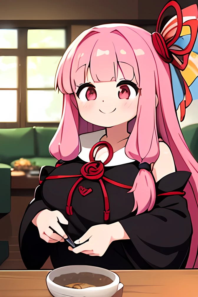 Woman cooking, kotonoha akane,(( is puzzling)),Small eyes,round face,(hair ribbon),pink hair,long hair,bangs,((big breast)),(( chubby)) ,((black dress)), detached sleeves, wide sleeves, bare shoulders ,(((big smile:1.4))),((fun)), indoor, living room ,((( focus on women))),