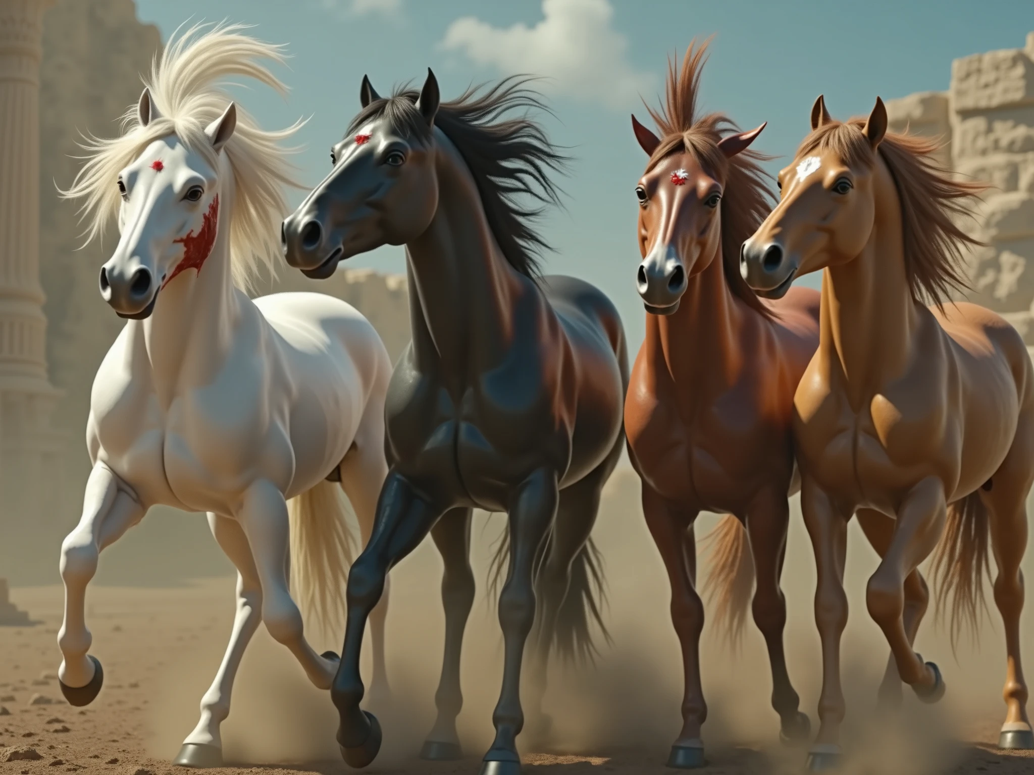 four horses, in ancient Greece, cinematic, dramatic. The horses are colored white, black, chestnut and caramel. with their faces covered in blood.