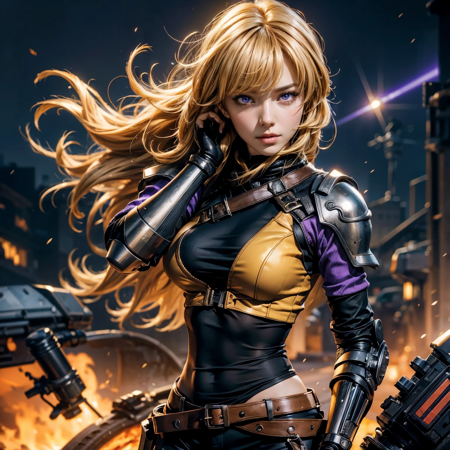 yangxiaolong, yang xiao long, long hair, blonde hair, large breasts, (purple eyes:1.3), ahoge, bangs, BREAK wearing military combat clothing, sleeveless, mechanical arms, single mechanical arm, prosthesis, prosthetic arm, concerned expression BREAK running with soldiers, running from huge mechanical monster, flames, dynamic pose, BREAK (masterpiece:1.2), best quality, high resolution, unity 8k wallpaper, (illustration:0.8), (beautiful detailed eyes), extremely detailed face, perfect lighting, extremely detailed CG, (perfect hands, perfect anatomy), intricate details, tonemapping, sharp focus, hyper detailed, (best quality:1.2), elegant face, beautiful face, highly detailed face, highly detailed skin, skin pores, subsurface scattering, realistic pupils, full lips, detailed background, depth of field, atmospheric perspective, volumetric lighting, sharp focus, absurdres, realistic proportions, good anatomy, (realistic, hyperrealistic:1.4), 16k hdr,