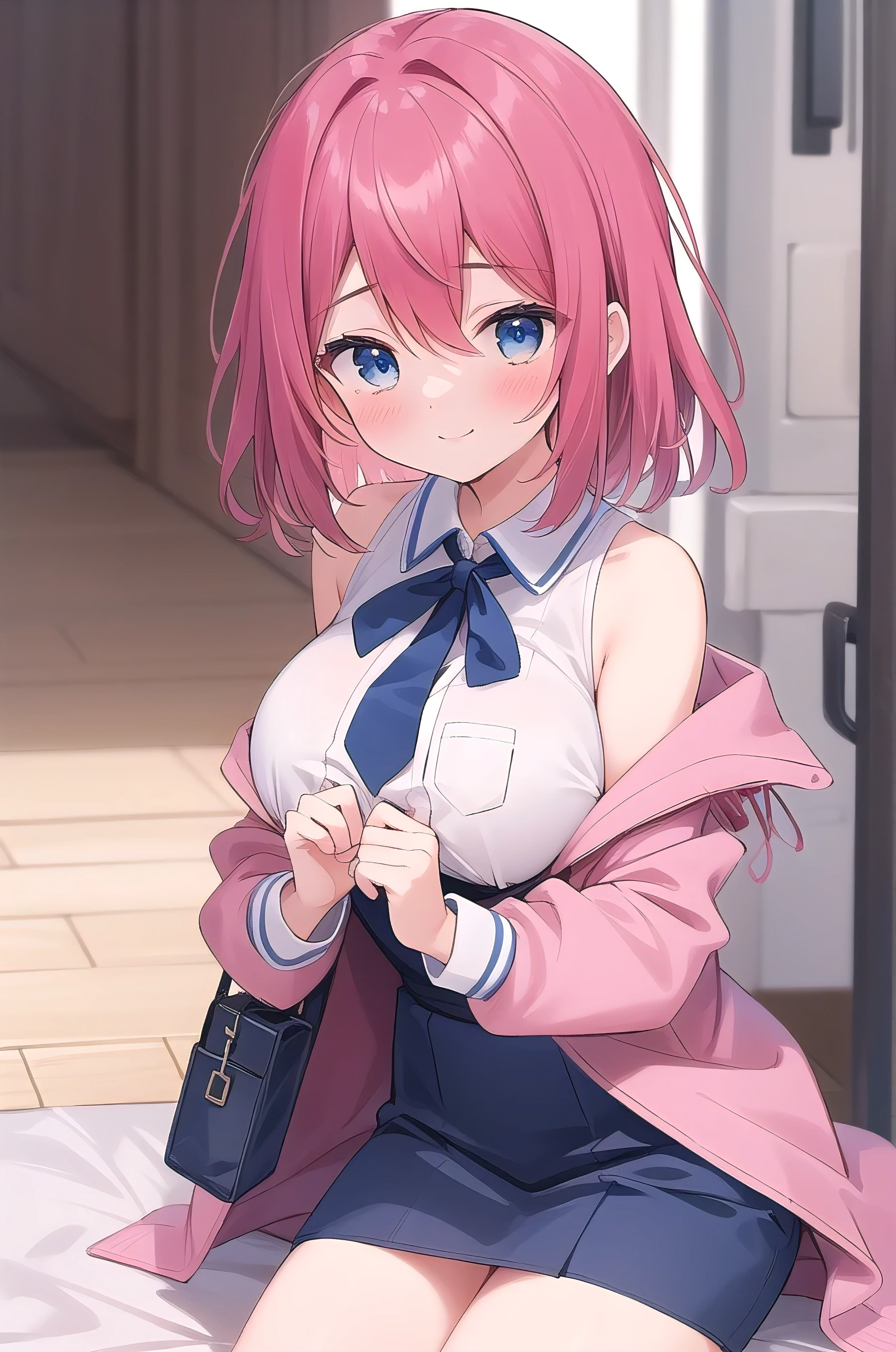 Anime girl with pink hair and blue eyes sitting on a bed - SeaArt AI