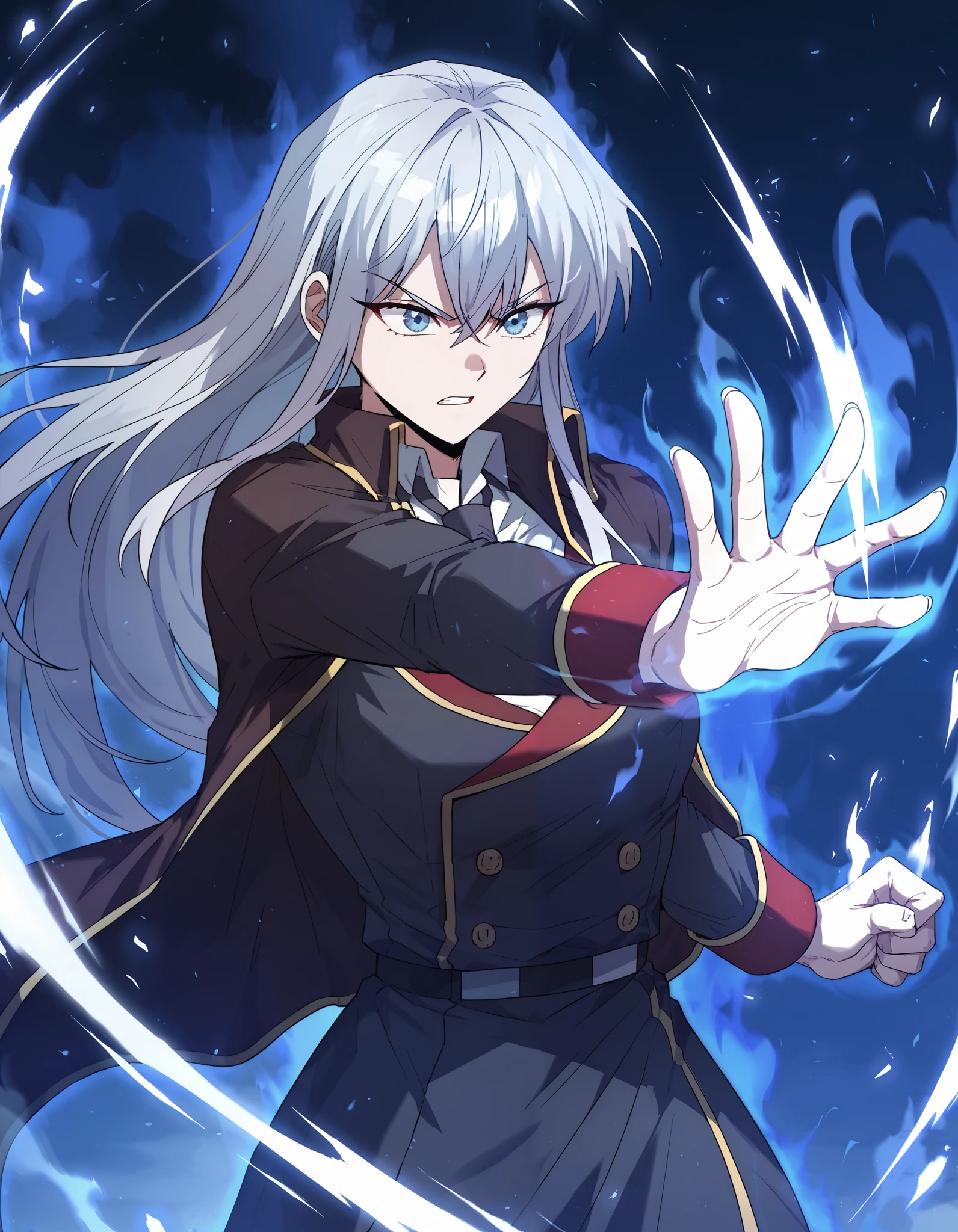 score_9_up, score_8_up, score_7_up, (manhwa art style), high detail face, best quality, absurd res, solo, 1girl, Seria_Yurdina, Blue eyes, Silver hair, Long hair, Academy uniform, cowboy shot, aura, holding a swird, fighting stance