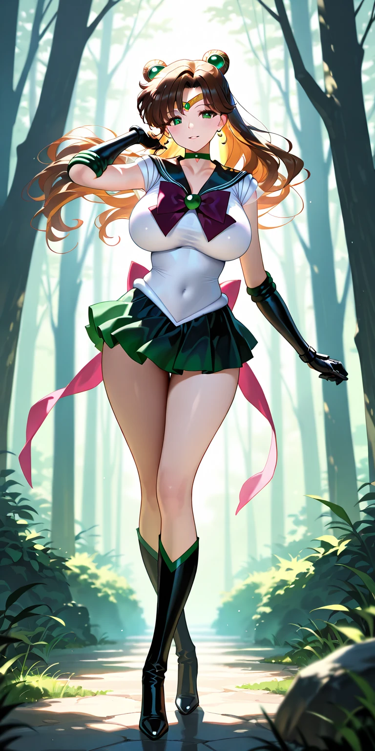 Dream illustration:Cartoon anime style,beautiful girl,Cute expression,Fluffy pink hair,Pink Eyes,Cute pink deer antlers,Elf ears,Orange tulle short skirt,Metal gem-encrusted scepter glows,Slender legs,Standing barefoot,Bells on anklets。(((Correct human anatomy))),In the magic forest,A cute white deer