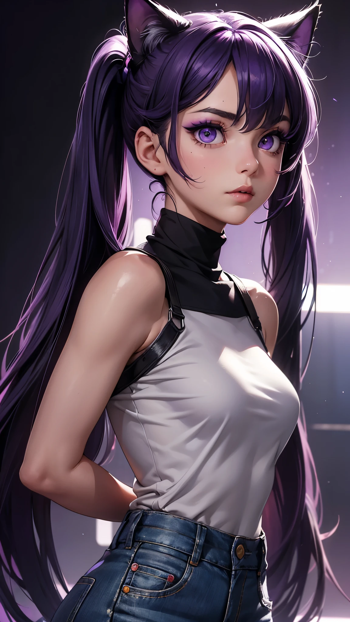 (high resolution, upper body, soft skin:1.2),(best illustration,masterpiece:1.2),ultra-detailed,[(purple eyes, purple makeup cat ears , purple inside:1.2, twin tail),vivid colors,sharp focus,portrait,studio lighting,bokeh, wearing a white turtleneck shirt, black denim pants, spotlight background, arms behind back, back turned