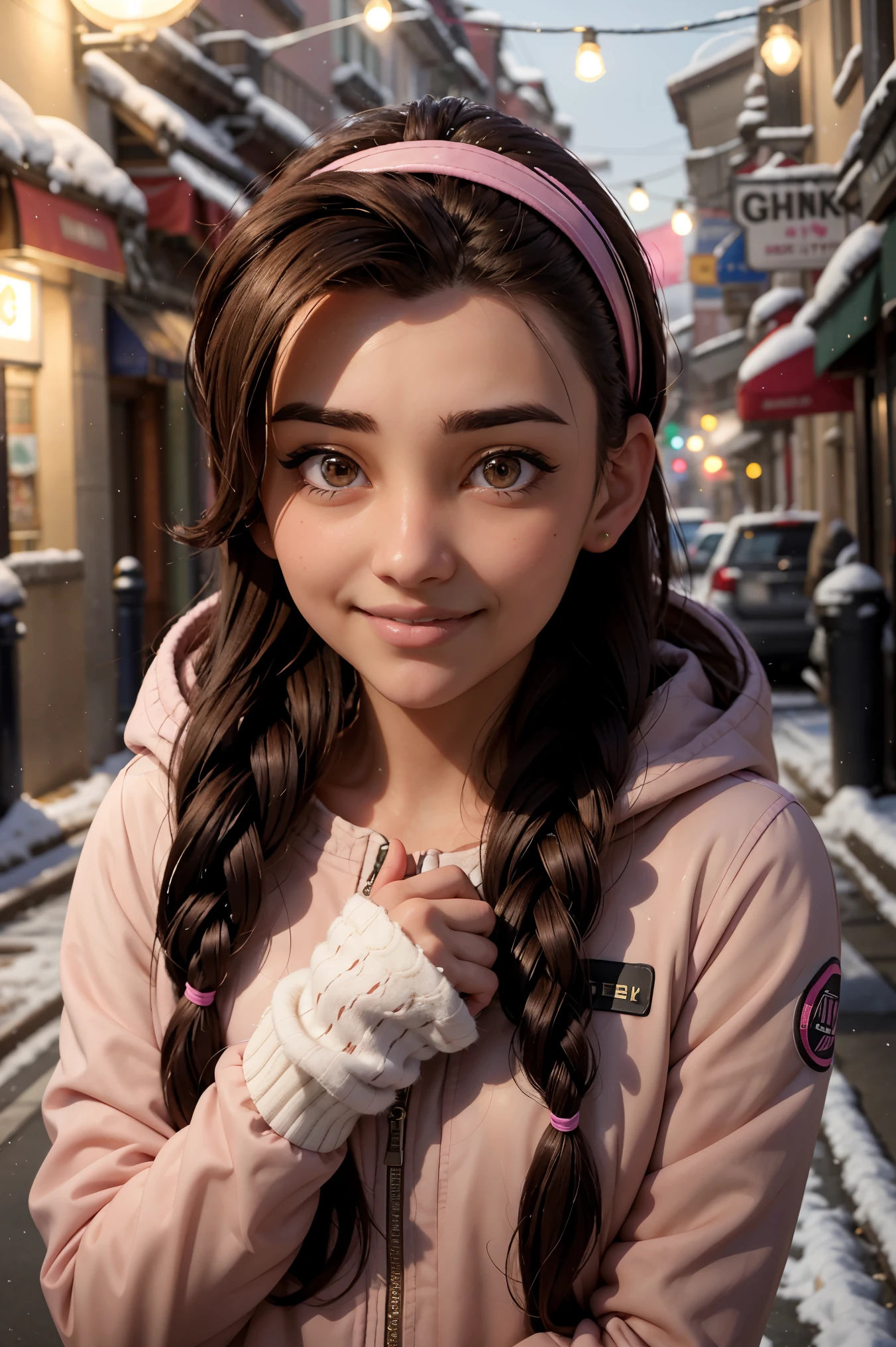 An impressive and intricate full color portrait, Ultra-HD a girl, brown hair with 2 braids, brown eyes, pink headband, detailed face, dressed in a winter jacket, no logos, epic character composition, alessio albi, nina masic, sharp focus, natural lighting, subsurface dispersion, f2, 35mm, night winter, snow, snowfall, winter gloves, smiling with teeth, happy face, ^^