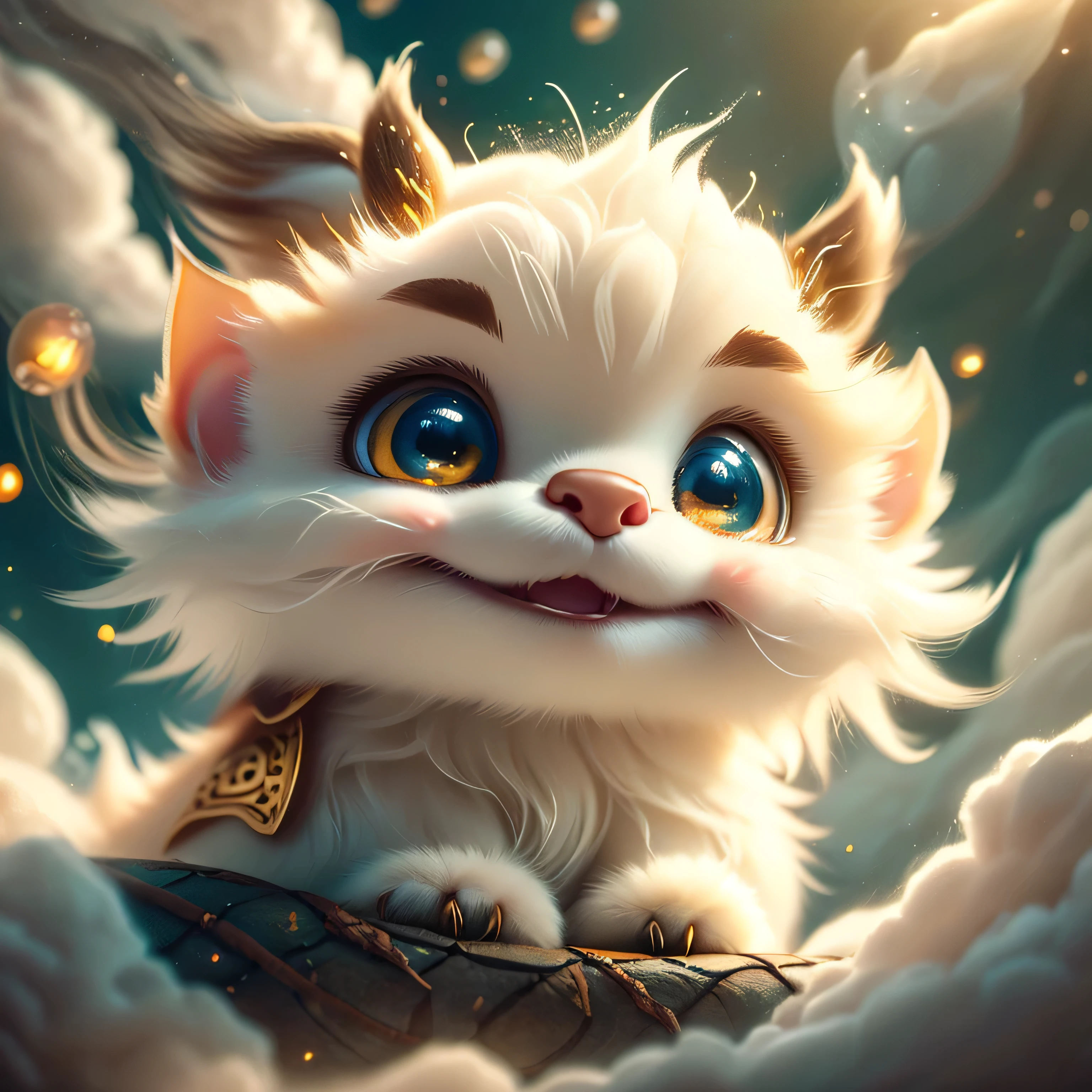 Magical Fantasy Creature, airbrushed super detailed, hyperrealistic fantasy art. Highly textured, hyperrealistic 3D render of a super cute realistic adorable celestial creature, cute and white, floating among the clouds. Creature is a small furry celestial spirit radiating a soft light. Soft focus with a soft volumetric glow. Detailed fur texture, creature design by Ian McCue