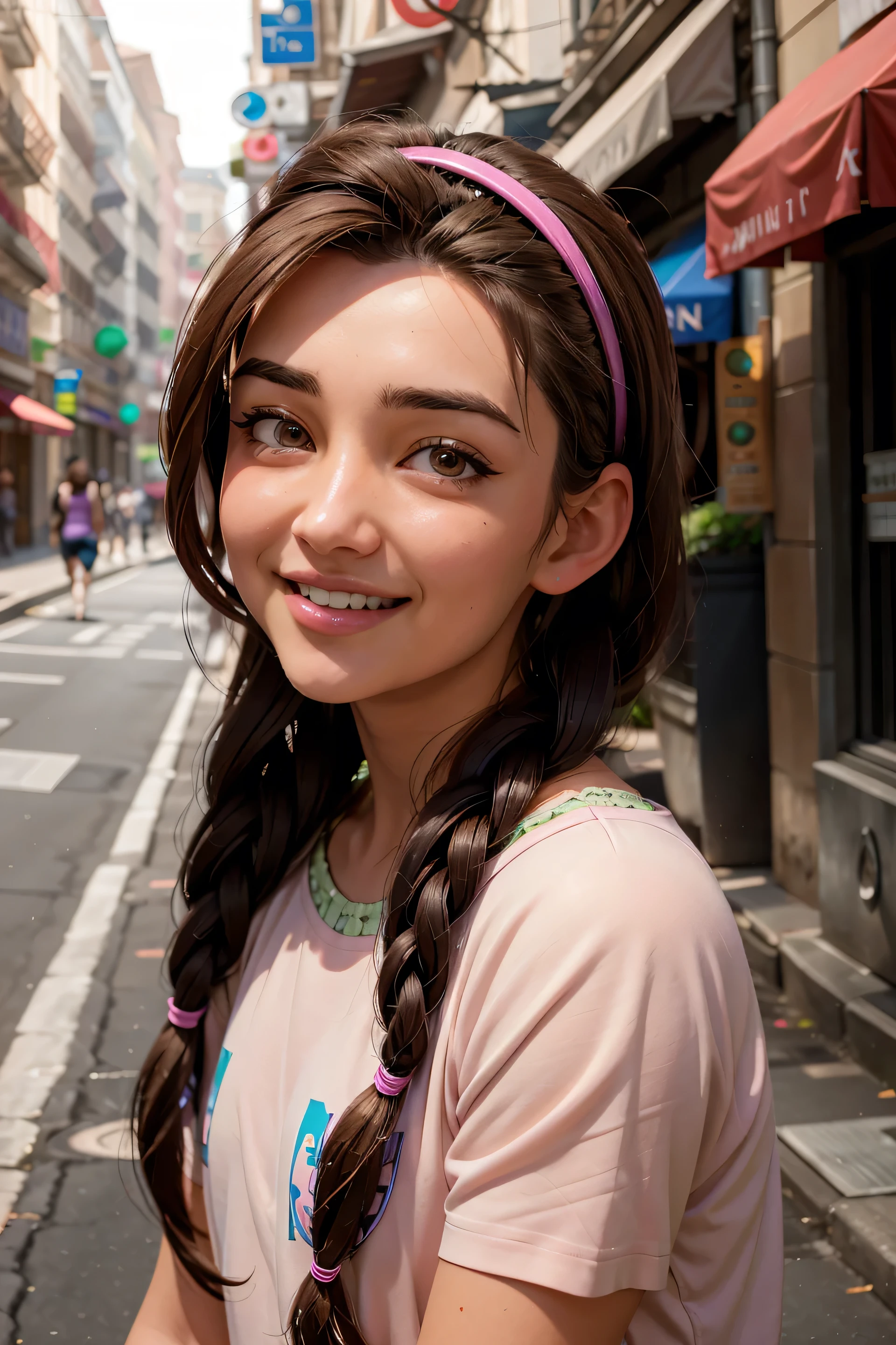 An impressive and intricate full color portrait, Ultra-HD a girl, brown hair with 2 braids, brown eyes, pink headband, detailed face, dressed in a light green t-shirt with embroidery on the neck, no logos, epic character composition, alessio albi, nina masic, sharp focus, natural lighting, subsurface dispersion, f2, 35mm, happy face, (laugh), ^^ face.