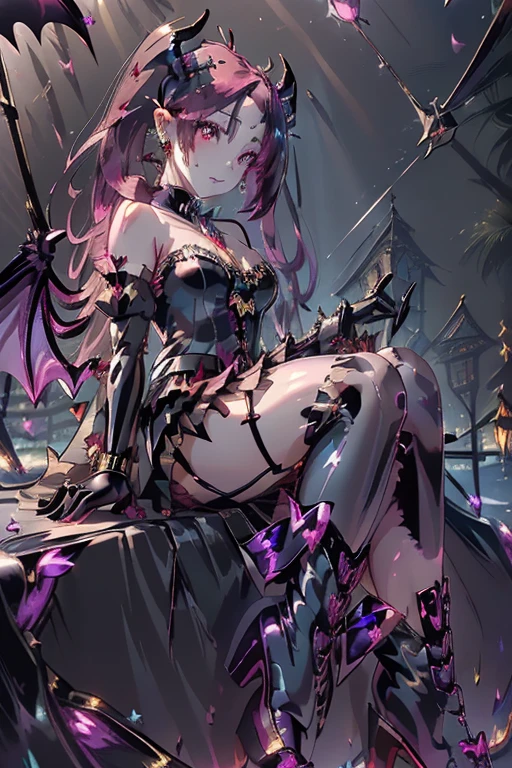 (best quality,4k,8k,highres,masterpiece:1.2),ultra-detailed,portrait,purple hair,strong gaze,sharp pupils,half dragon motif,beautiful detailed face,dragon scales on half of her face,long flowing hair,expressive eyes,confident posture,standing in a lush garden with blooming flowers,vibrant colors,soft sunlight,scenic background,emerging dragon wings,whimsical atmosphere