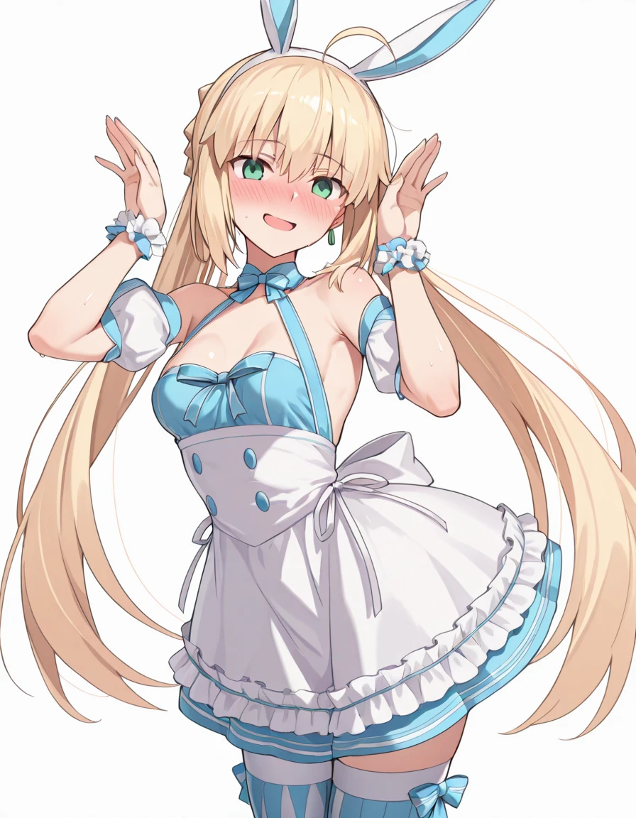 (masterpiece, best quality:1.2), 1girl, solo, blond hair, blue hairband, blue hair ribbon on the left, white-blue bra, black gloves, knight skirt, Solid color background, open small mouth