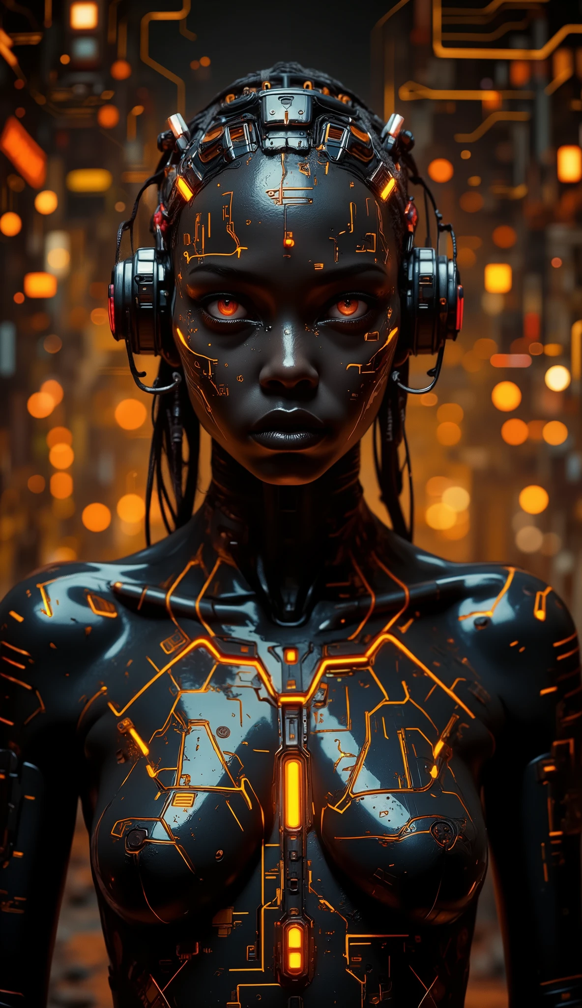 A futuristic portrait of an African naked woman with dark, glossy skin, blending tribal and cyberpunk aesthetics. Her face is fully frontal and symmetrical, adorned with glowing orange geometric patterns resembling digital circuits or ritual markings. Her intense eyes stare directly forward with an enigmatic and powerful expression. The background features a web of golden lines and dots, evoking a connection to an advanced technological network. Dramatic lighting highlights the contrast between her black skin and the vibrant glowing details, creating an aura of mysticism and advanced technology.