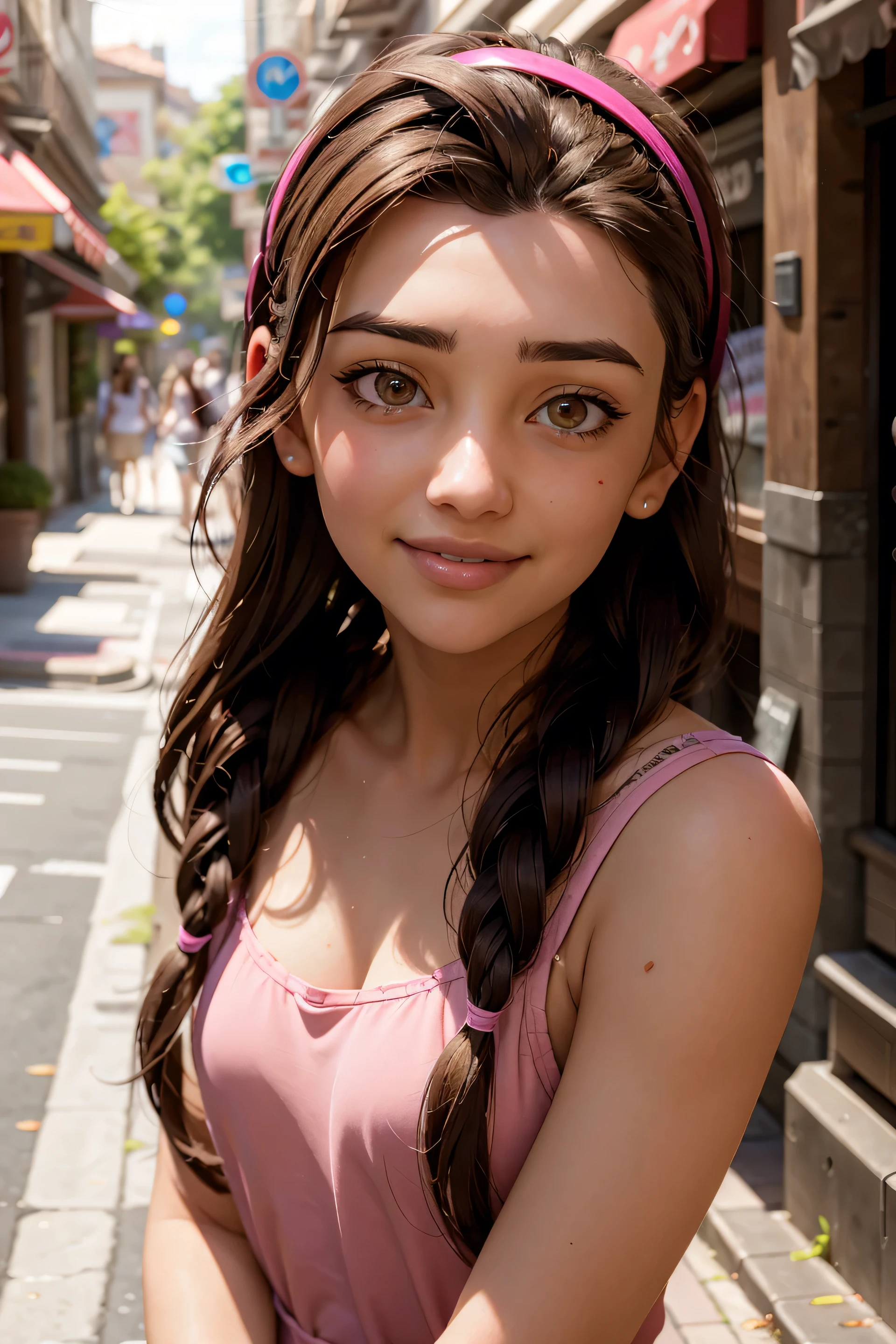 An impressive and intricate full color portrait, Ultra-HD a girl, brown hair with 2 braids, brown eyes, pink headband, detailed face, (dressed in a red dress), no logos, epic character composition, alessio albi, nina masic, sharp focus, natural lighting, subsurface dispersion, f2, 35mm, in a restraunt, romantic, smiling with teeth, happy face.