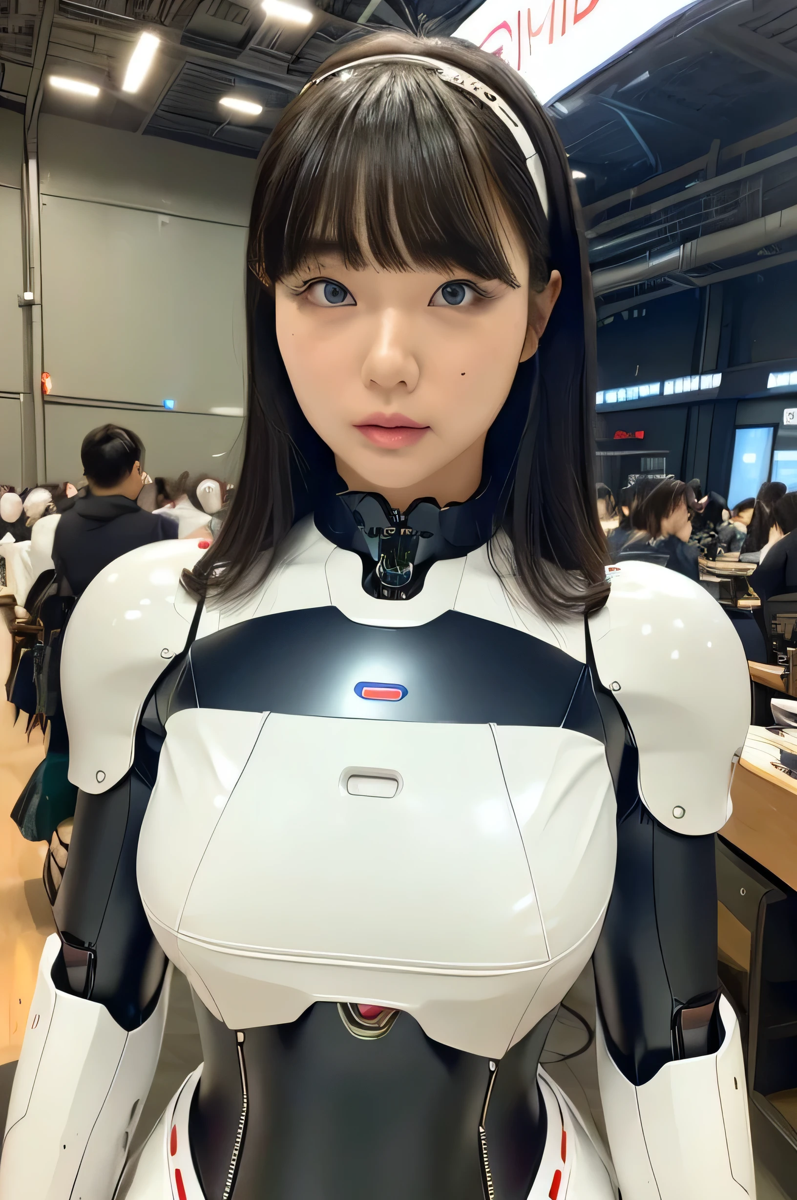 masterpiece, best quality, extremely detailed, Japaese android girl,portrait,Plump,a bit chubby,control panels,android,Droid,Mechanical Hand, Robot arms and legs, Black hair,Blunt bangs,perfect robot girl,long tube,thick cable connected her neck,android,robot,humanoid,cyborg,japanese cyborg girl ,robot-assembly plant,She is assembling now,assembly scene,blue eyes,chest monitor