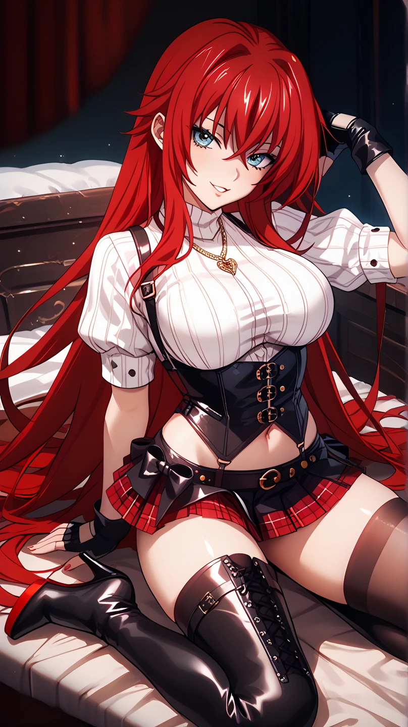 ultra-detailliert, hight resolution, (Realistic, Photorealistic: 1.4), inside in room、Sit on the bed、rias、front-facing view、8K, Raw photo, (masterpîece), (Best Quality), physically-based renderingt, Pupils, long red hair, curly hair, Snow on wet hair,_white_Shirt、Black openwork stockings,Short dress with long sleeves, Burnt skin、Kneeling in deep snow in the middle of a winter forest, looks into the distance, Snowy Wild Forest, It's cold, snowing, beatiful face, Freezes,Loose socks、The absolute standard is the center of the navel、Deep Snow, Snowflakes are falling,tears in eyes,White underwear、White bra