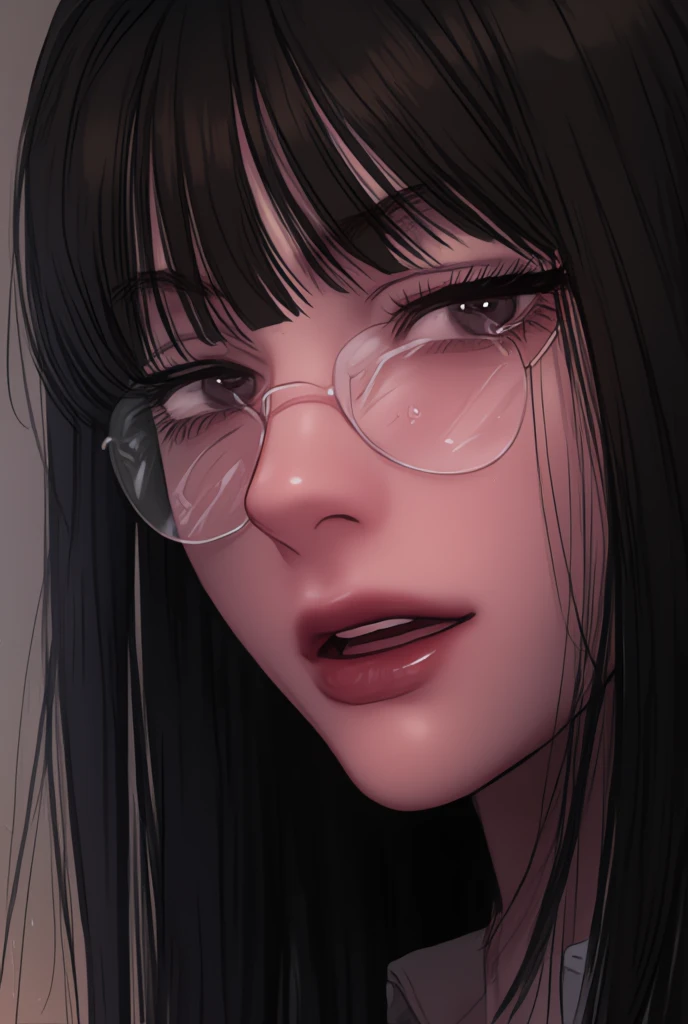 black eyed girl, long black hair, WHITE LEATHER FUND, lentes.