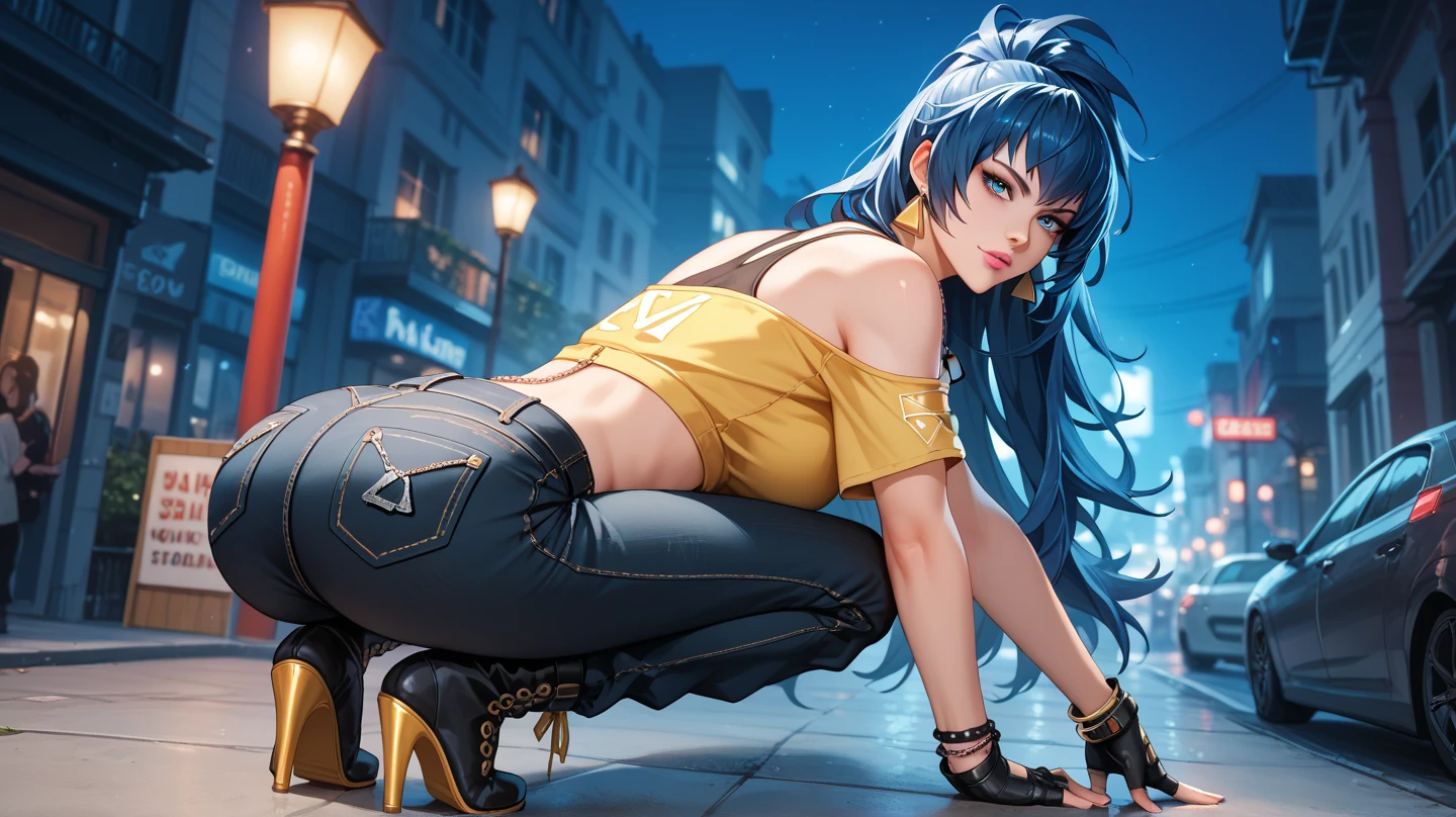 ​(Best quality, 8K, Masterpiece:1.3, 1girl, Beautiful girl), cute, Dynamism, Detailed face, Detailed skin, detailed clothes, Detailed eyes, Detailed lips, Detailed tongue, Detailed fingers, Detailed mouth, Photorealistic, Raw photo, highres, hight resolution, Natural lighting, dynamic pose, perfect anatomy, toned legs, double eyelids, tear bags, round eyes, moist lips, sweaty, goku, Female super Saiyan God, super Saiyan hair, super Saiyan outfit, db-z, destroyed city background, energy, boots, ecstatic face, (light blue hair), drooling, shape of nipple, knee-bending sitting, sports bra, skirt, monkey tail, sheer