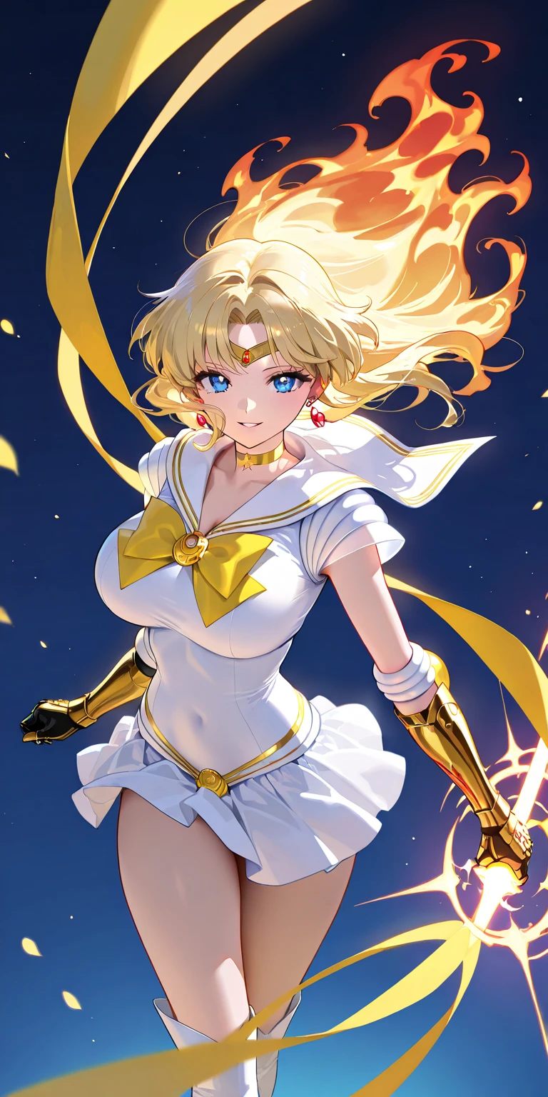 (Extreme Detail CG Unity 8K Wallpaper, masterpiece, highest quality), (exquisite light and shadow, very dramatic picture, cinematic lens effects), (sailor moon: 1.1), cute smile, double tail, blue eyes, blonde, tight top, white gloves, mini skirt, dynamic pose), The background is space (excellent details, excellent lighting, wide angle), (excellent rendering, Enough to stand out in its class),exposed,super tiny string bikini,small breasts,exposed,super tiny string bikini