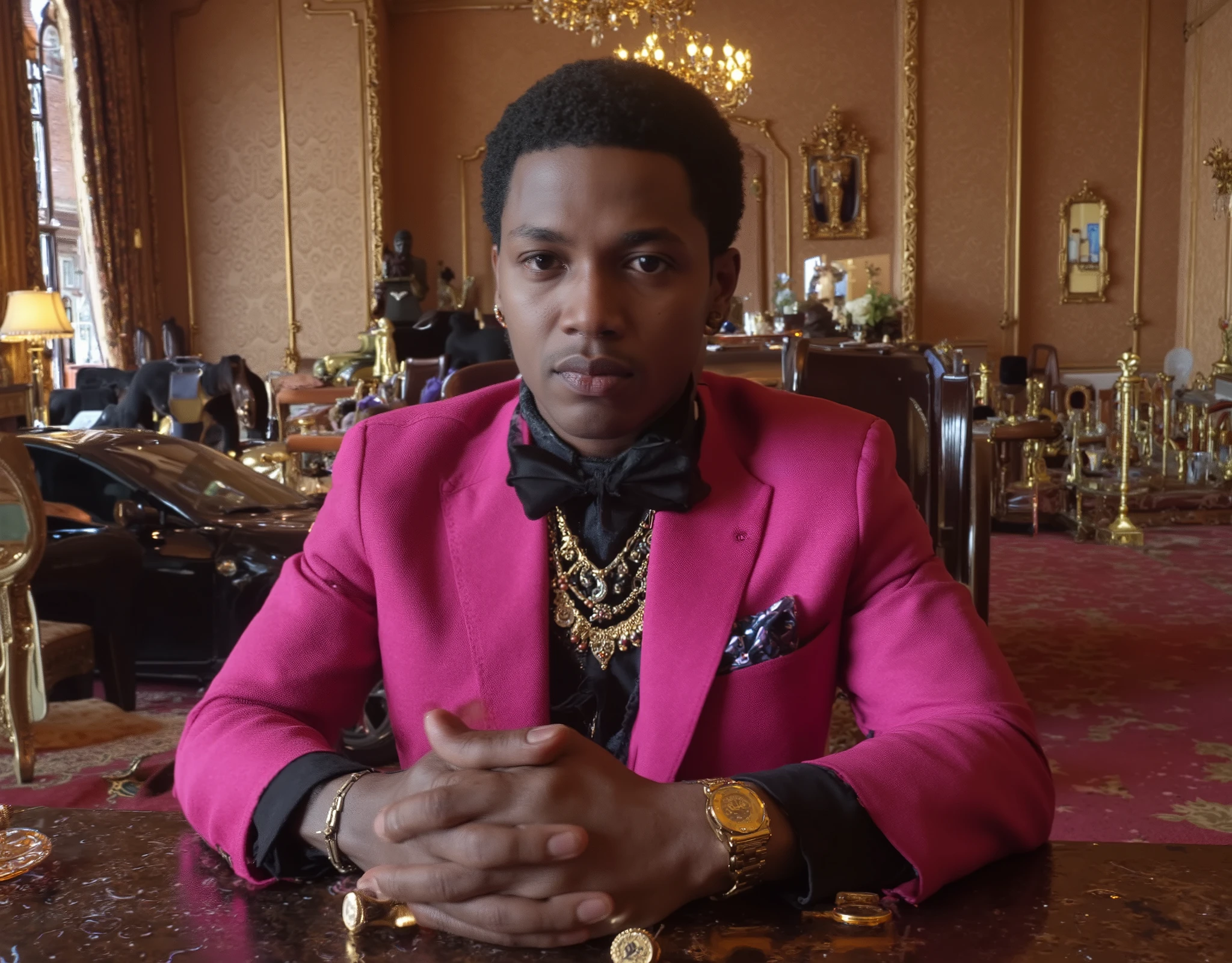  super realistic image,  of a 20-year-old black boy , fair skin, In a beautiful castle ,  sitting at a luxurious table ,  in front of a sports car, dressed in pink and black  , swag, full of necklaces,  luxury watches and accessories  , luxurious lifestyle.  cool black boy 