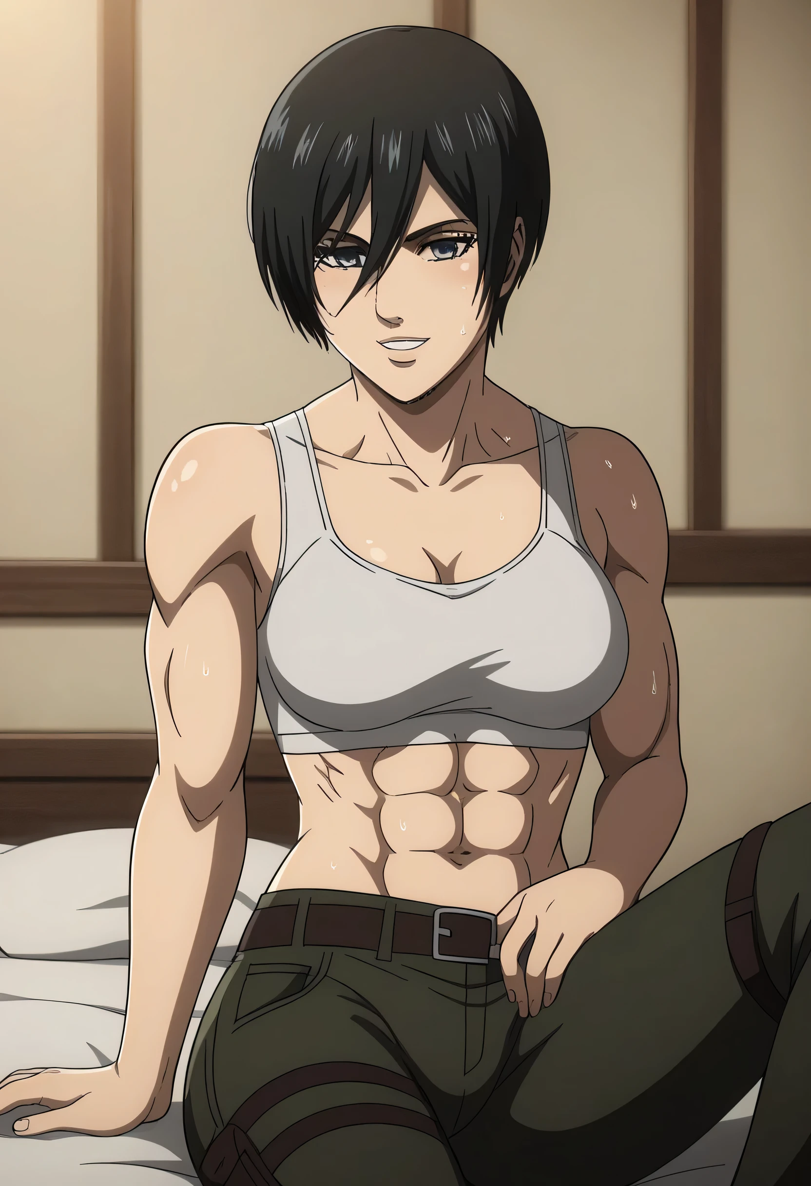 score_9, score_8_up, score_7_up, BREAK source_anime, mikasa ackrman, grey eyes, black hair, short hair, medium breasts,Mikasa wreanig black tight sport Elastic fiber bra and black loose military trousers,mikasa with good looking body,perfect lighting,mikasa final season design,mikasa mappa version,sitting on chair, Perfect generation,mikasa boy hairstyle,mikasa season 4 version,attack on titan graphics,in night,HD wallpaper,perfect colors,pixie cut hairstyle,fighting face,,Sweat body,mikasa flat stomach,mikasa only six-pack,normal body size,anime style,tone six-pack,attack on titan season 4 style,upper body,close review to character,bra design as tank top, mikasa handsome face,in bedroom,light trun off in room,mikasa alone in room,solo,1girl, serratus anterior muscles,Qblique muscles,female navel,teeth appear at smile,too white skin,short appear in mikasa pants,Mikasa muscles lines detailed,open pants buttons,belt off,hand laying on leg,choza sitting,reviewing from side mikasa,