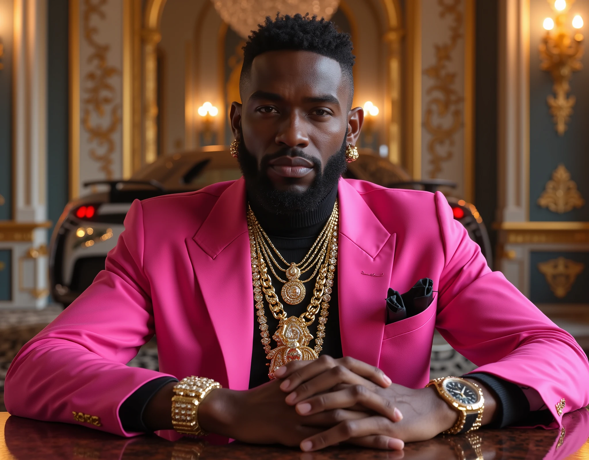 super realistic image, of a 20-year-old black boy , fair skin, In a beautiful castle , sitting at a luxurious table , in front of a sports car, dressed in pink and black , swag, full of necklaces, luxury watches and accessories , luxurious lifestyle. cool black boy