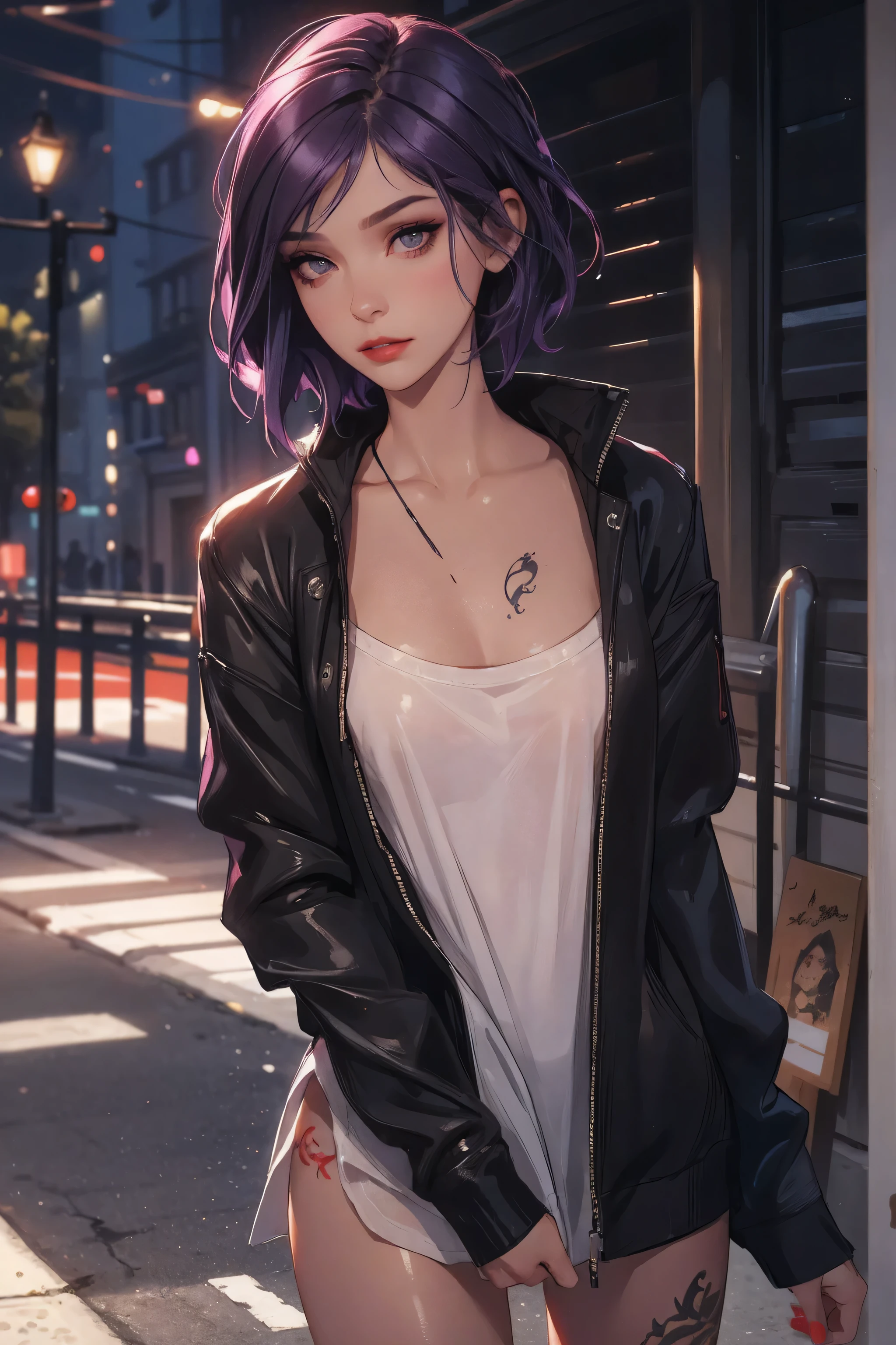 1girl,a beautiful fashion model ,(masterpiece, detailed background, best quality), short and shiny hair, dark purple hair,smirk,juicy lips,red lips, slutty street clothes, stripping, elegant makeup, exhibitionism, chloe price, alt girl, black tattoos