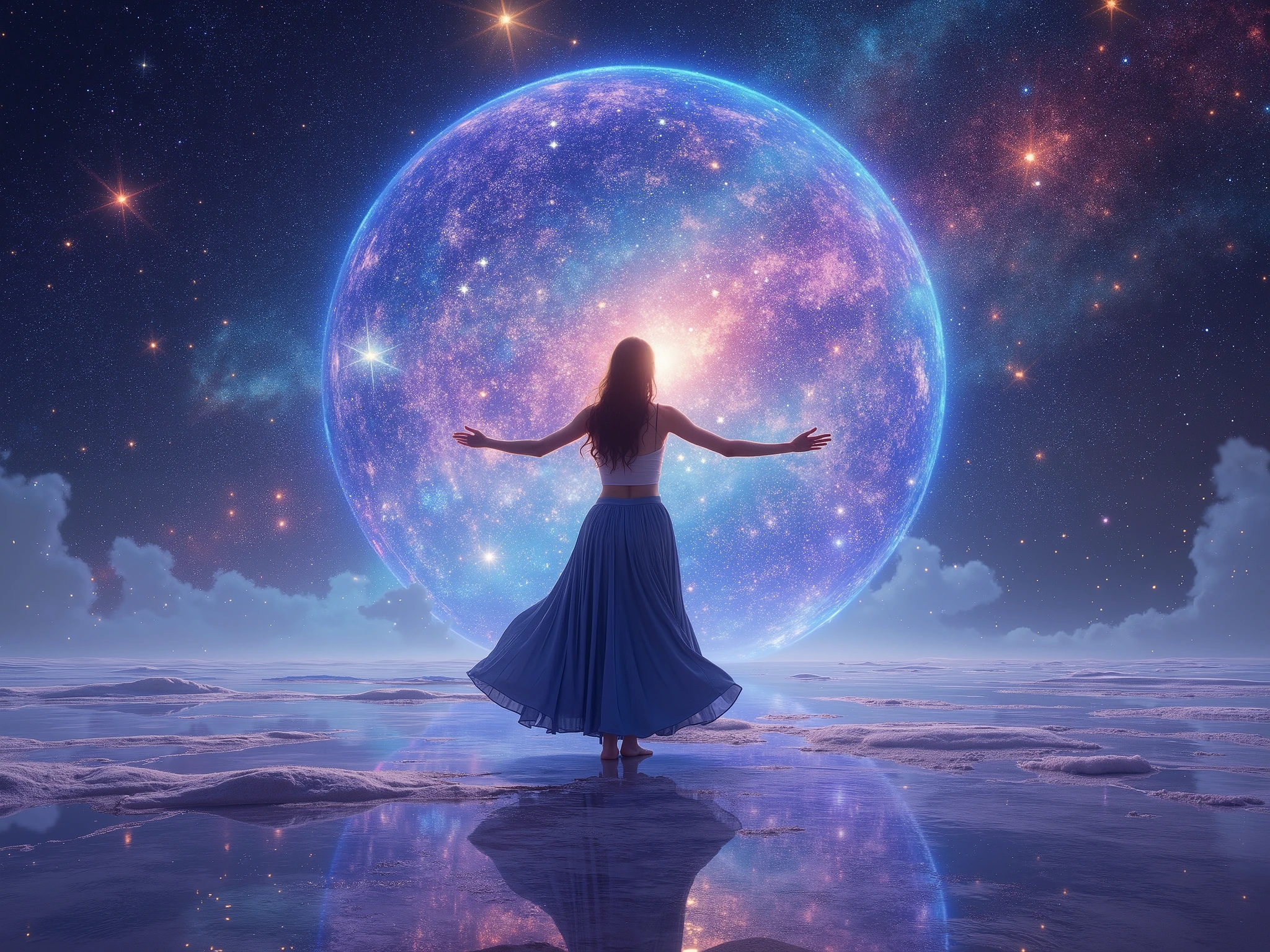 Brilliant stars in space 、 Hi-Res,  Masterpiece, ((( back view))), (Woman spreading her hands and receiving energy:1.2)、Beautiful colors、Japan、 Uyuni Salt Lake、 Long Skirt 、((( oblique angle of view)))、remote healing,  displayed sideways, 