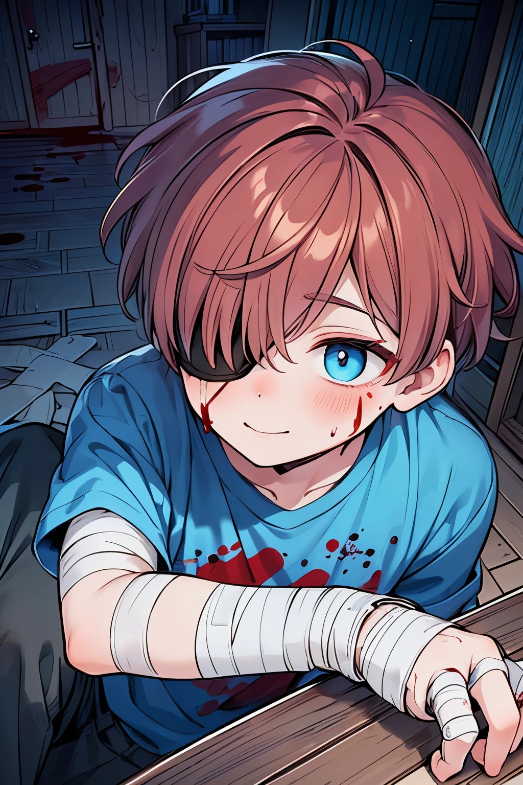((1-boy :1.3)),((handsome:1.2)),(( Adult Men:1.25)),(short hair:1.0),(Karl hair:1.1),(darkred hair:1.15),((dark  skin body:1.0)),(red cheek:1.1), heterochromia ,(Scared:1.2),((Ecstatic smile:1.1)),((looking away:1.3)),((eyes out of focus:1.1)),((dark circles:1.3)),((Many blood doll:1.2)),((dark damp room:1.15)),((Many hands a touch cheek:1.3)),((top view:1.1)),(bloody hands:1.2),((bandage your arm or head:1.15)),((bandage eyepatch:1.1)),((one eye is hidden by hair:1.2)),