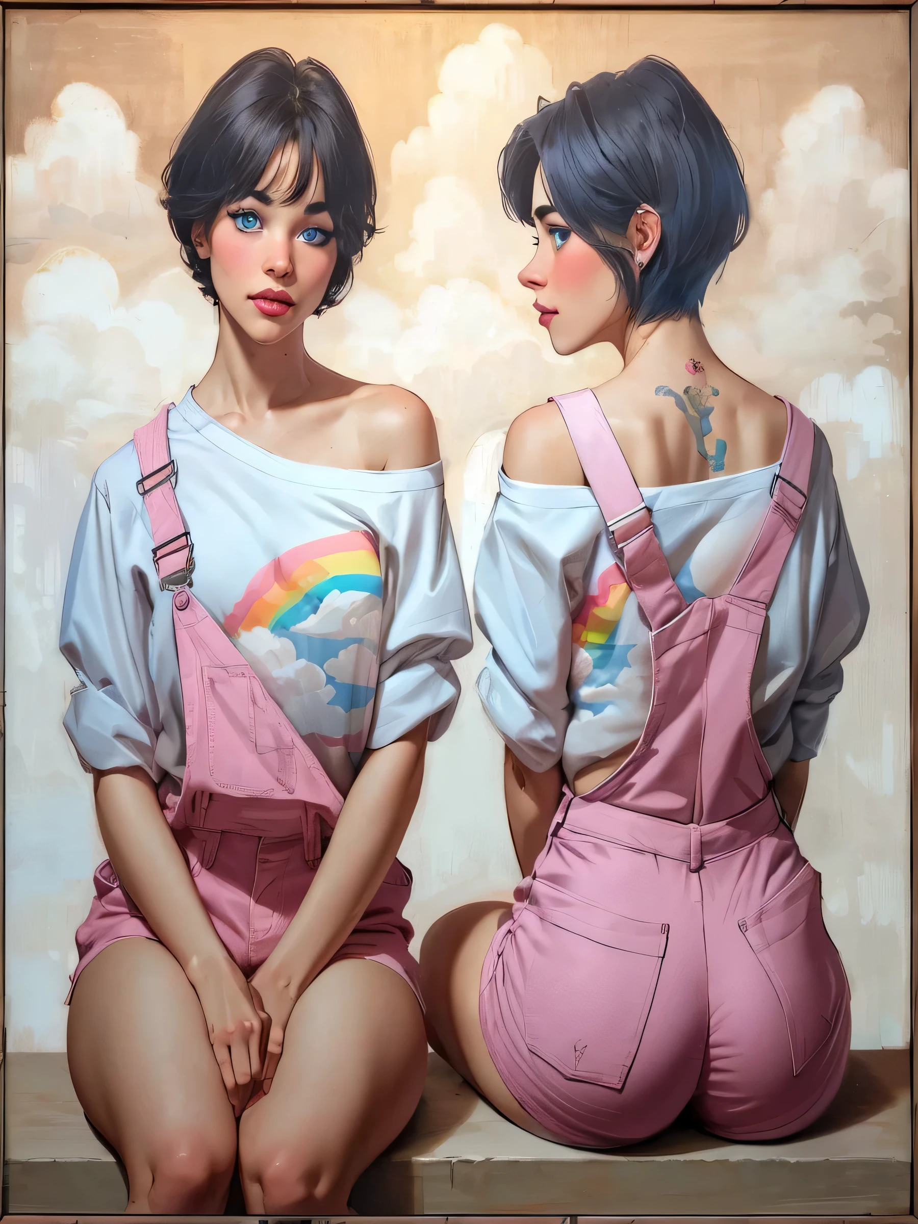 , woman with short Pixie style hair, girl with black hair, blue eyes, wearing a white shirt with short pink sleeves, on the shirt a drawing of two clouds and a rainbow, shirt showing the girl wearing pink dungarees over the shirt with one side unbuttoned, Bust, dungarees with pink shorts,girl sitting looking at the viewer, thick thighs