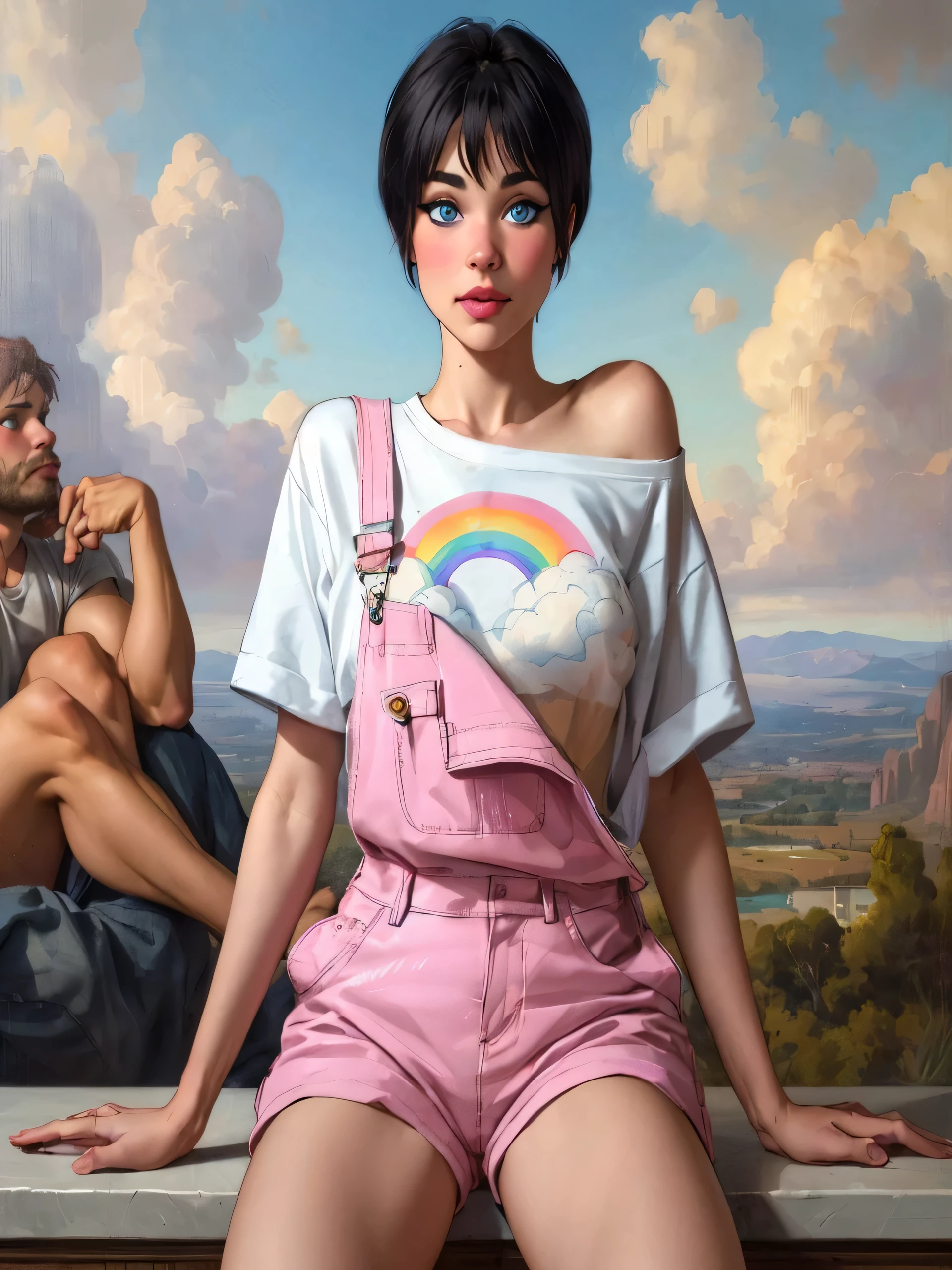 , woman with short Pixie style hair, girl with black hair, blue eyes, wearing a white shirt with short pink sleeves, on the shirt a drawing of two clouds and a rainbow, shirt showing the girl wearing pink dungarees over the shirt with one side unbuttoned, Bust, dungarees with pink shorts,girl sitting looking at the viewer, thick thighs 