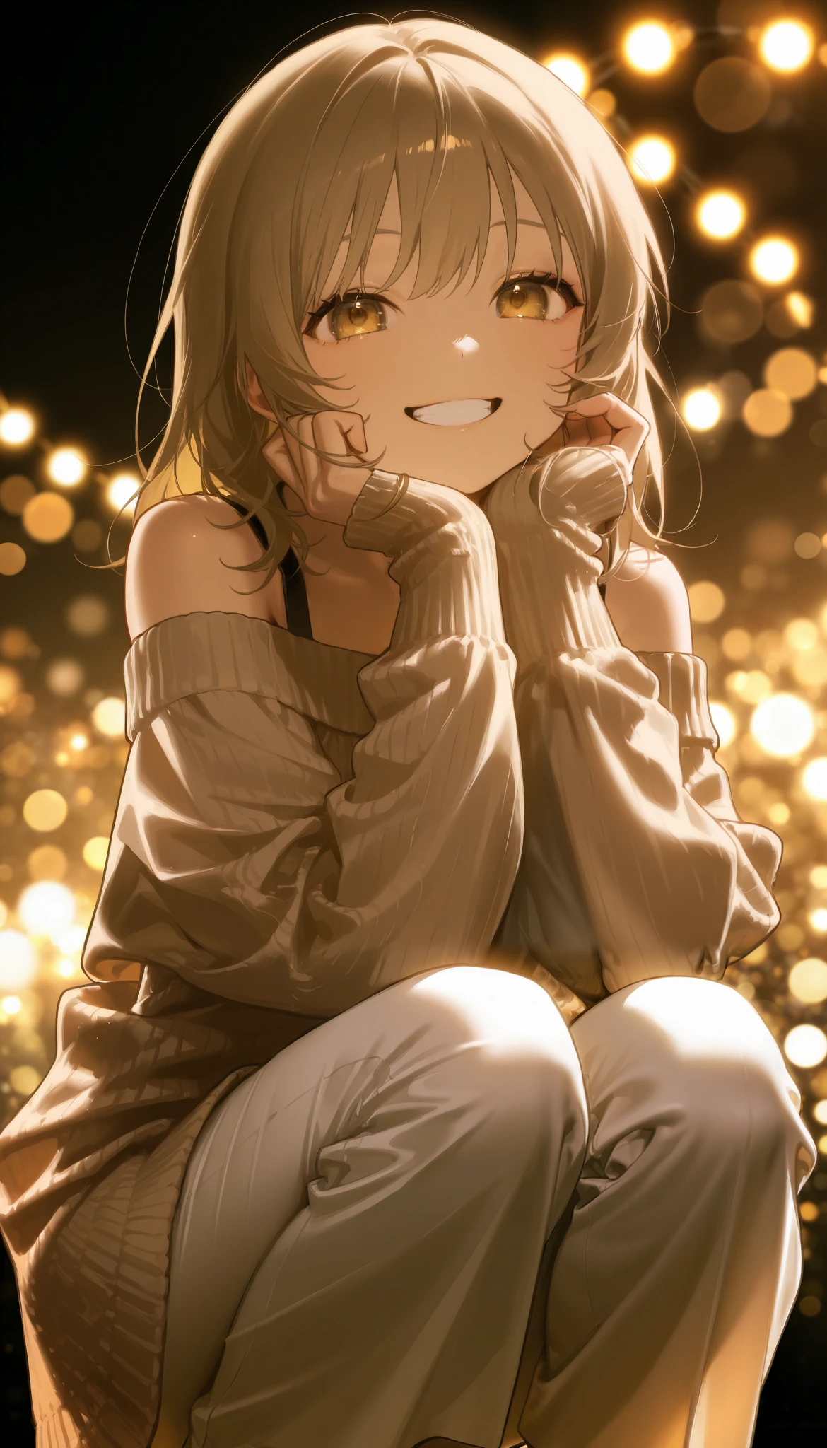 beige knitted off-shoulder dress、Girl squatting、 white pants、smiling、night、bokeh lights