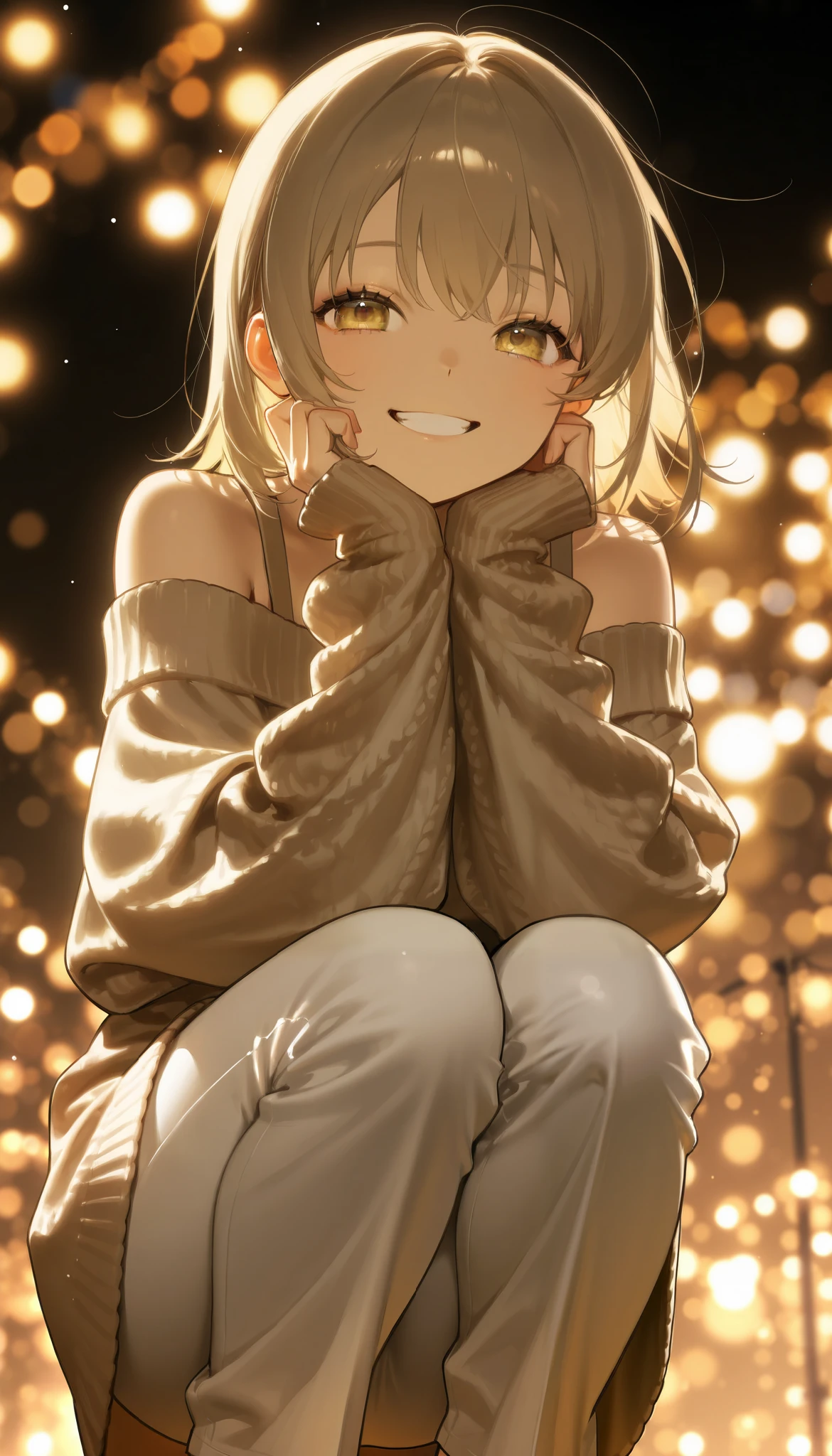 beige knitted off-shoulder dress、Girl squatting、 white pants、smiling、night、bokeh lights