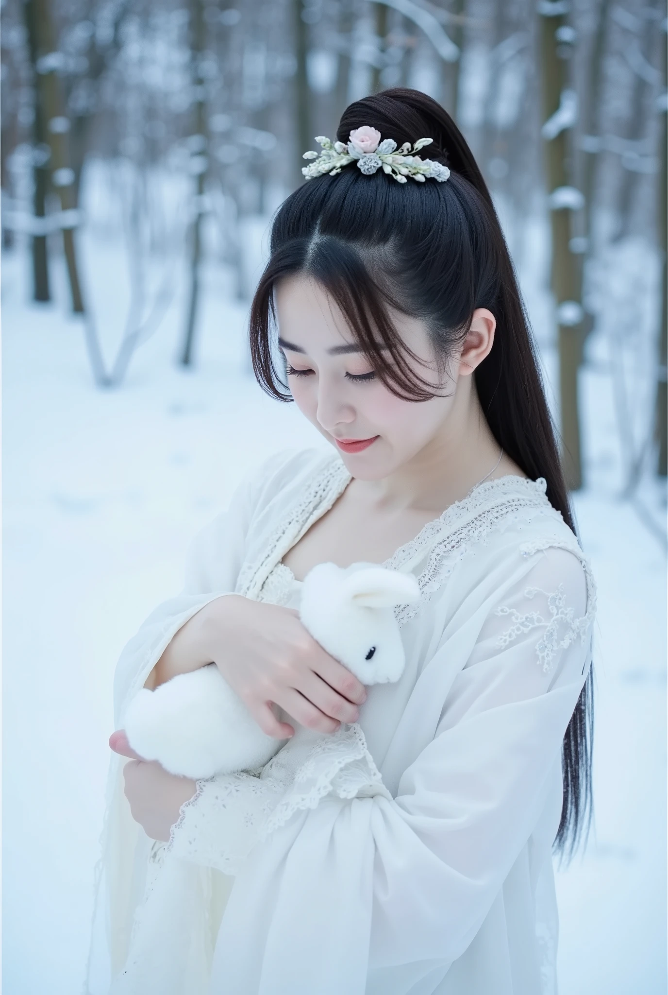 This is a highly detailed, digitally enhanced photograph featuring a young woman with an ethereal, almost otherworldly appearance. She has fair skin and long, dark hair styled in an elaborate, high bun adorned with delicate, white floral ornaments. Her hair is sleek and smooth, with a slight sheen, and the floral decorations add a touch of elegance and sophistication. She is dressed in a traditional, white, lace-trimmed robe, which gives her an air of purity and innocence. Her expression is serene, with a slight smile, and her eyes are downcast, giving the impression of contemplation or introspection.

In her left hand, she cradles a small, white rabbit, which appears to be made of soft, plush material, adding a touch of softness and warmth to the otherwise cold, wintry setting. The background is a snowy landscape, with bare branches and a light dusting of snow, creating a serene, winter-like atmosphere. The overall color palette is dominated by whites and blues, with the woman's attire blending seamlessly into the snowy background, making her stand out gently. The image has a dreamlike quality, enhanced by the soft lighting and the delicate details of her clothing and hair.
