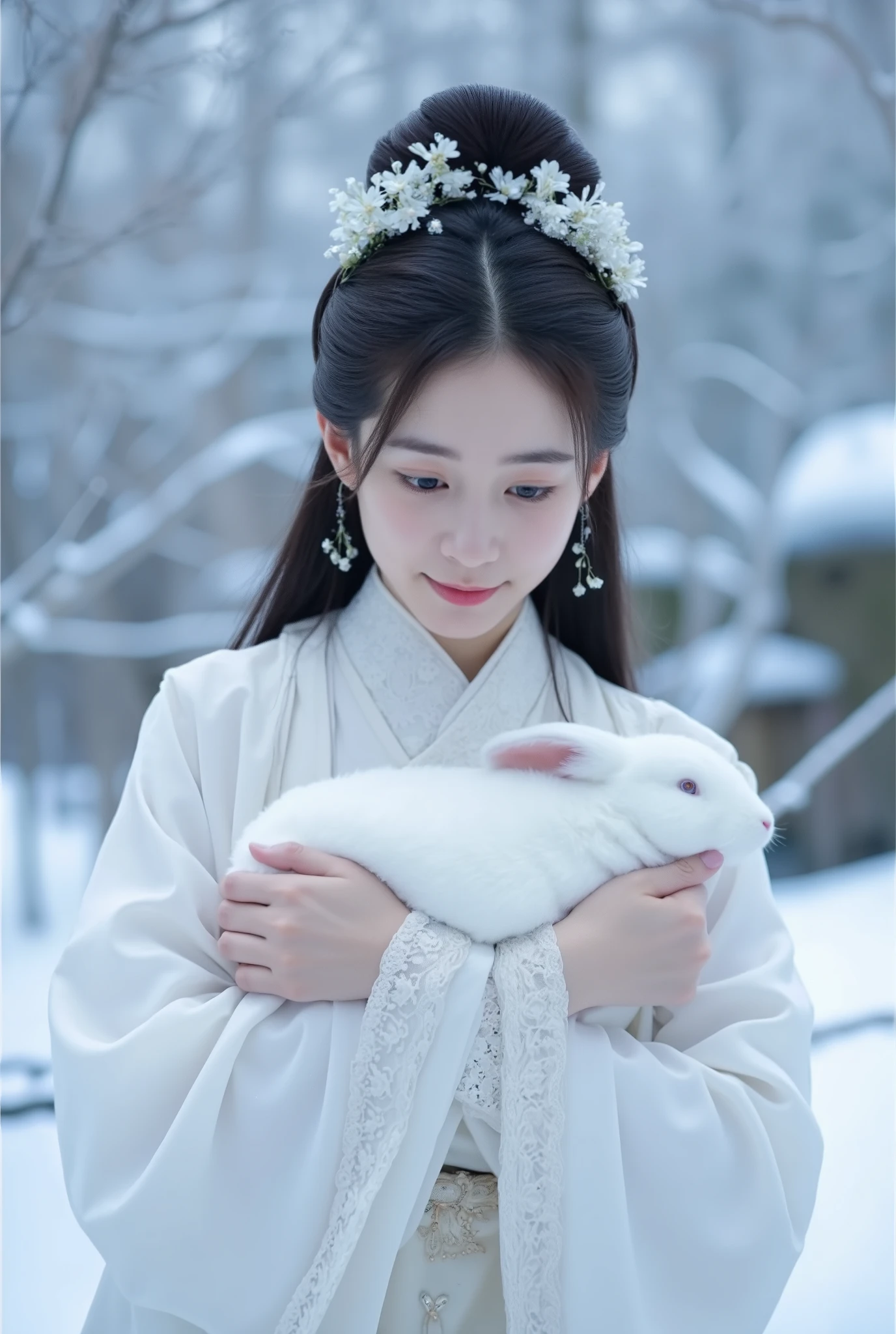 This is a highly detailed, digitally enhanced photograph featuring a young woman with an ethereal, almost otherworldly appearance. She has fair skin and long, dark hair styled in an elaborate, high bun adorned with delicate, white floral ornaments. Her hair is sleek and smooth, with a slight sheen, and the floral decorations add a touch of elegance and sophistication. She is dressed in a traditional, white, lace-trimmed robe, which gives her an air of purity and innocence. Her expression is serene, with a slight smile, and her eyes are downcast, giving the impression of contemplation or introspection.
In her left hand, she cradles a small, white rabbit, which appears to be made of soft, plush material, adding a touch of softness and warmth to the otherwise cold, wintry setting. The background is a snowy landscape, with bare branches and a light dusting of snow, creating a serene, winter-like atmosphere. The overall color palette is dominated by whites and blues, with the woman's attire blending seamlessly into the snowy background, making her stand out gently. The image has a dreamlike quality, enhanced by the soft lighting and the delicate details of her clothing and hair.