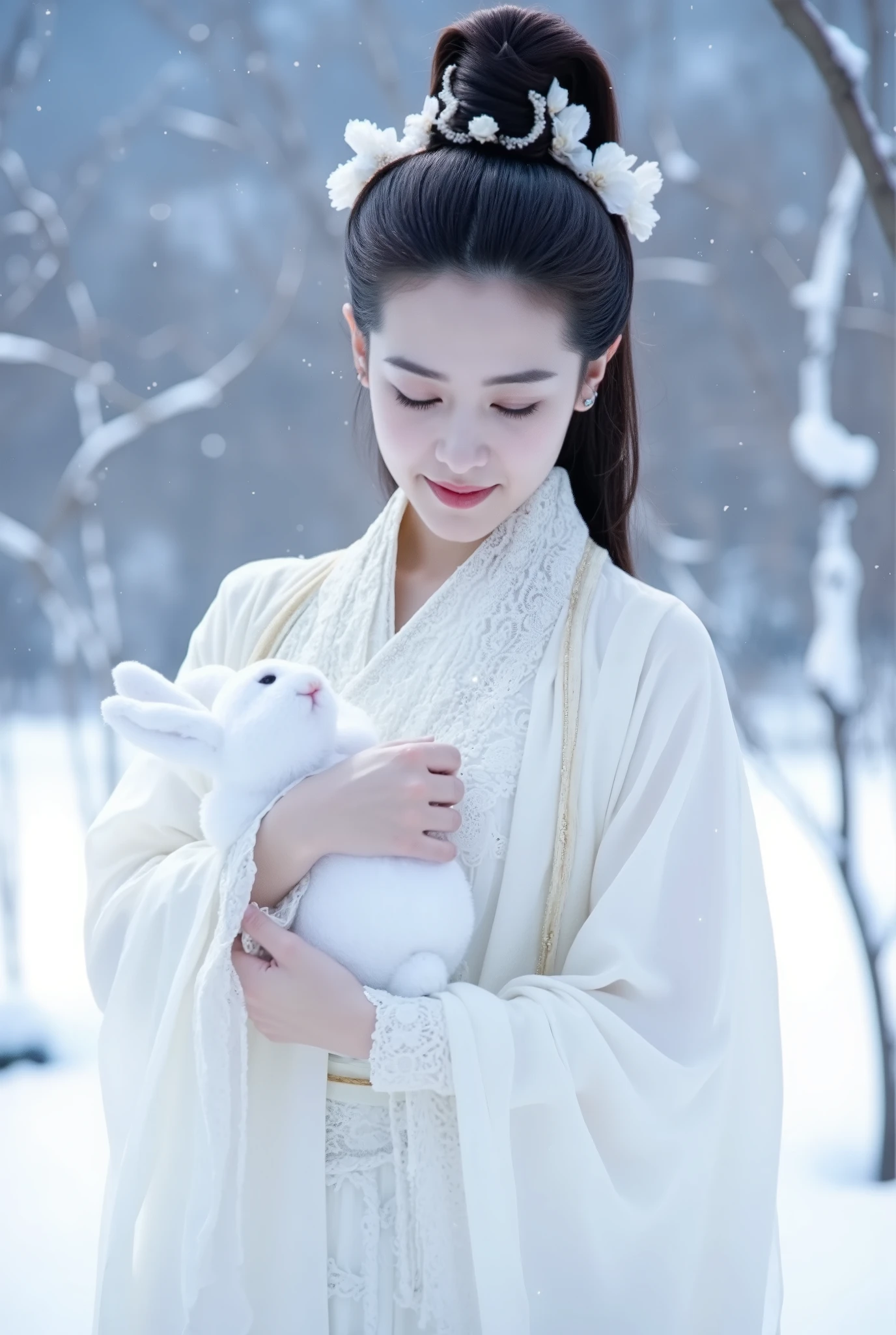 This is a highly detailed, digitally enhanced photograph featuring a young woman with an ethereal, almost otherworldly appearance. She has fair skin and long, dark hair styled in an elaborate, high bun adorned with delicate, white floral ornaments. Her hair is sleek and smooth, with a slight sheen, and the floral decorations add a touch of elegance and sophistication. She is dressed in a traditional, white, lace-trimmed robe, which gives her an air of purity and innocence. Her expression is serene, with a slight smile, and her eyes are downcast, giving the impression of contemplation or introspection.
In her left hand, she cradles a small, white rabbit, which appears to be made of soft, plush material, adding a touch of softness and warmth to the otherwise cold, wintry setting. The background is a snowy landscape, with bare branches and a light dusting of snow, creating a serene, winter-like atmosphere. The overall color palette is dominated by whites and blues, with the woman's attire blending seamlessly into the snowy background, making her stand out gently. The image has a dreamlike quality, enhanced by the soft lighting and the delicate details of her clothing and hair.