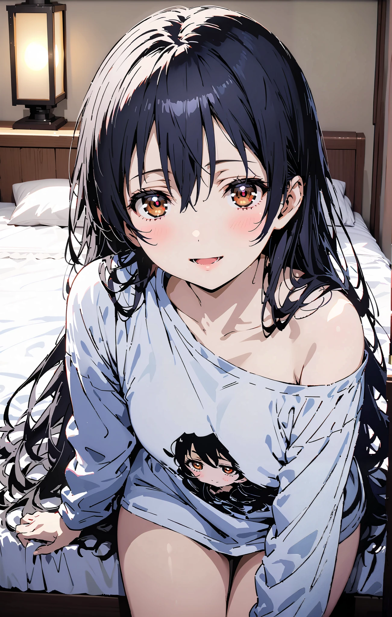   Sonoda Umi  ,  long hair, bangs,  hair between eyes,  brown eyes, smile,sleepy, open the mouth, Lantern,hair straightener,Un blouse,  loose t-shirt , one shoulder, Long Sleeve,Black string underwear ,Bare legs, bed with my thighs, beautiful scenery, residential area,morning, Interior ,whole bodyが illustrationsに入るように,                          break indoors, bedroom,
break looking at viewer,whole body,
break ( Masterpiece:1.2),  top quality,  high res,  Unity 8k Wallpaper, ( illustrations:0.8), ( beautiful detailed eyes:1.6),  highly detailed faces,   perfect lighting , Extremely detailed CG, ( perfect hand,  perfect anatomy),
