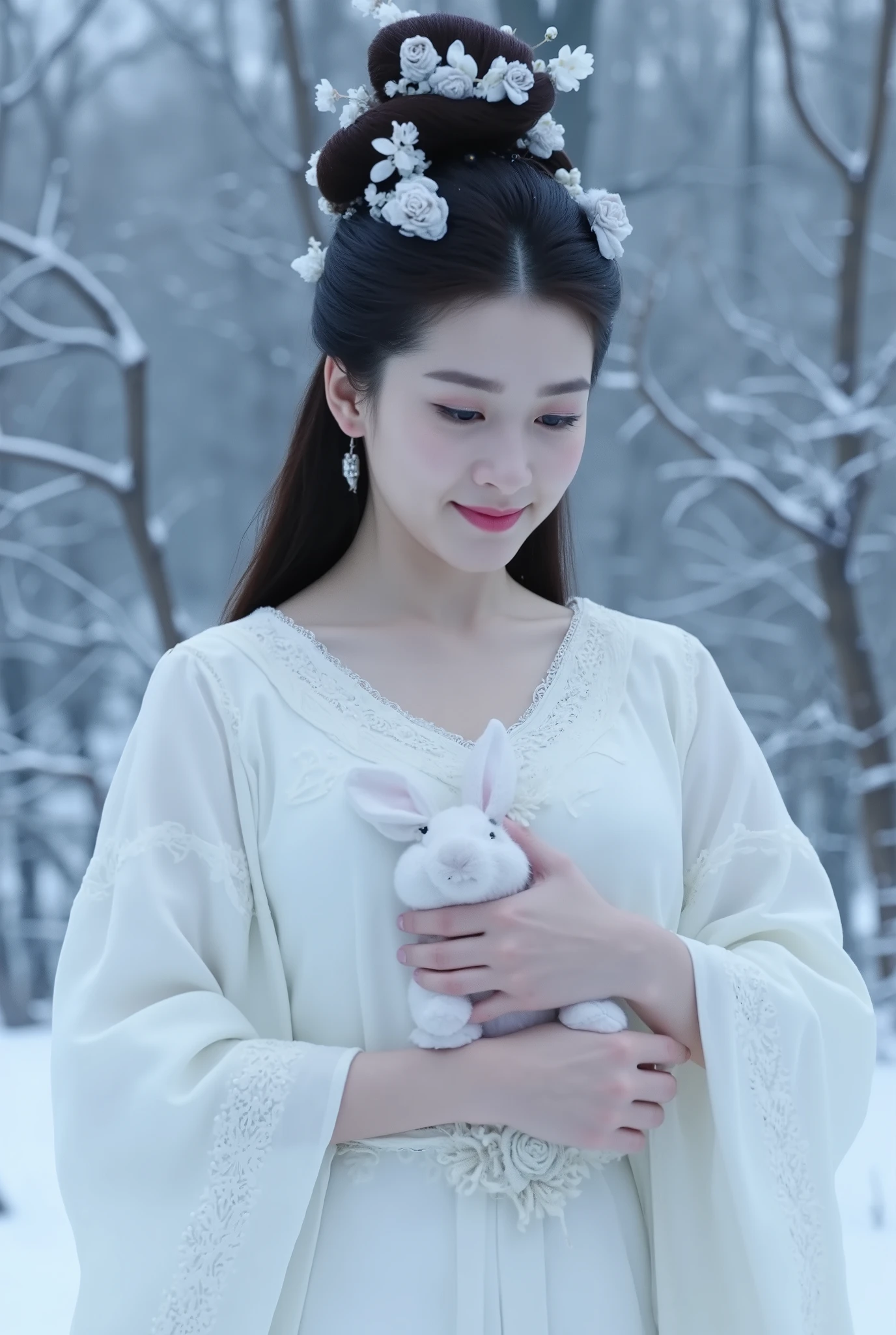 This is a highly detailed, digitally enhanced photograph featuring a young woman with an ethereal, almost otherworldly appearance. She has fair skin and long, dark hair styled in an elaborate, high bun adorned with delicate, white floral ornaments. Her hair is sleek and smooth, with a slight sheen, and the floral decorations add a touch of elegance and sophistication. She is dressed in a traditional, white, lace-trimmed robe, which gives her an air of purity and innocence. Her expression is serene, with a slight smile, and her eyes are downcast, giving the impression of contemplation or introspection.
In her left hand, she cradles a small, white rabbit, which appears to be made of soft, plush material, adding a touch of softness and warmth to the otherwise cold, wintry setting. The background is a snowy landscape, with bare branches and a light dusting of snow, creating a serene, winter-like atmosphere. The overall color palette is dominated by whites and blues, with the woman's attire blending seamlessly into the snowy background, making her stand out gently. The image has a dreamlike quality, enhanced by the soft lighting and the delicate details of her clothing and hair.