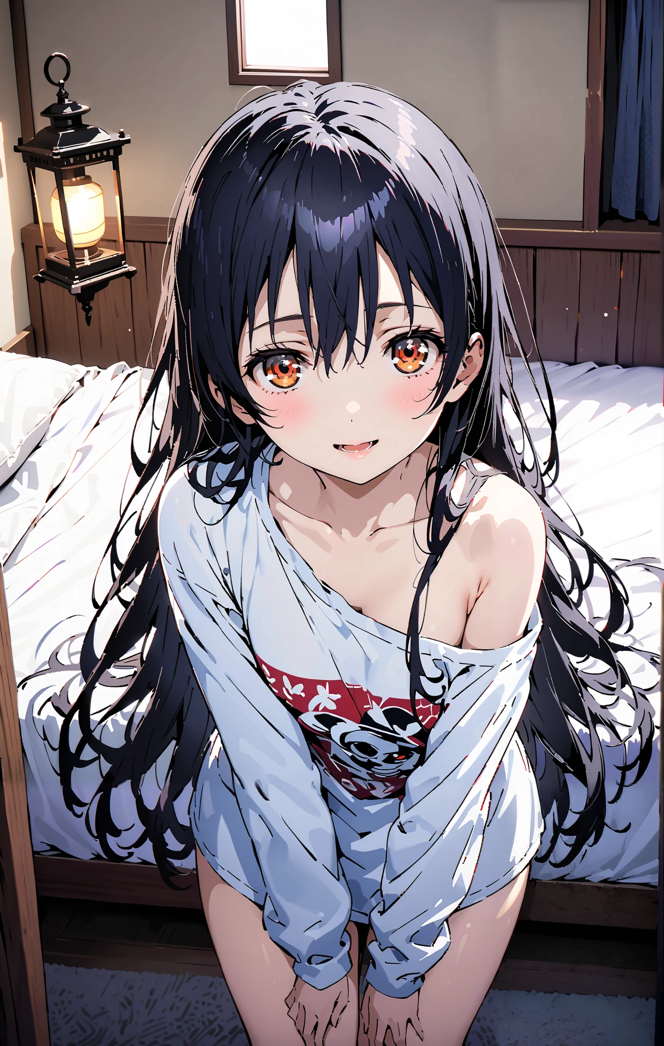   Sonoda Umi  ,  long hair, bangs,  hair between eyes,  brown eyes, smile,sleepy, open the mouth, Lantern,hair straightener,Un blouse,  loose t-shirt , one shoulder, Long Sleeve,Black string underwear ,Bare legs, bed with my thighs, beautiful scenery, residential area,morning, Interior ,whole bodyが illustrationsに入るように,                          break indoors, bedroom,
break looking at viewer,whole body,
break ( Masterpiece:1.2),  top quality,  high res,  Unity 8k Wallpaper, ( illustrations:0.8), ( beautiful detailed eyes:1.6),  highly detailed faces,   perfect lighting , Extremely detailed CG, ( perfect hand,  perfect anatomy),
