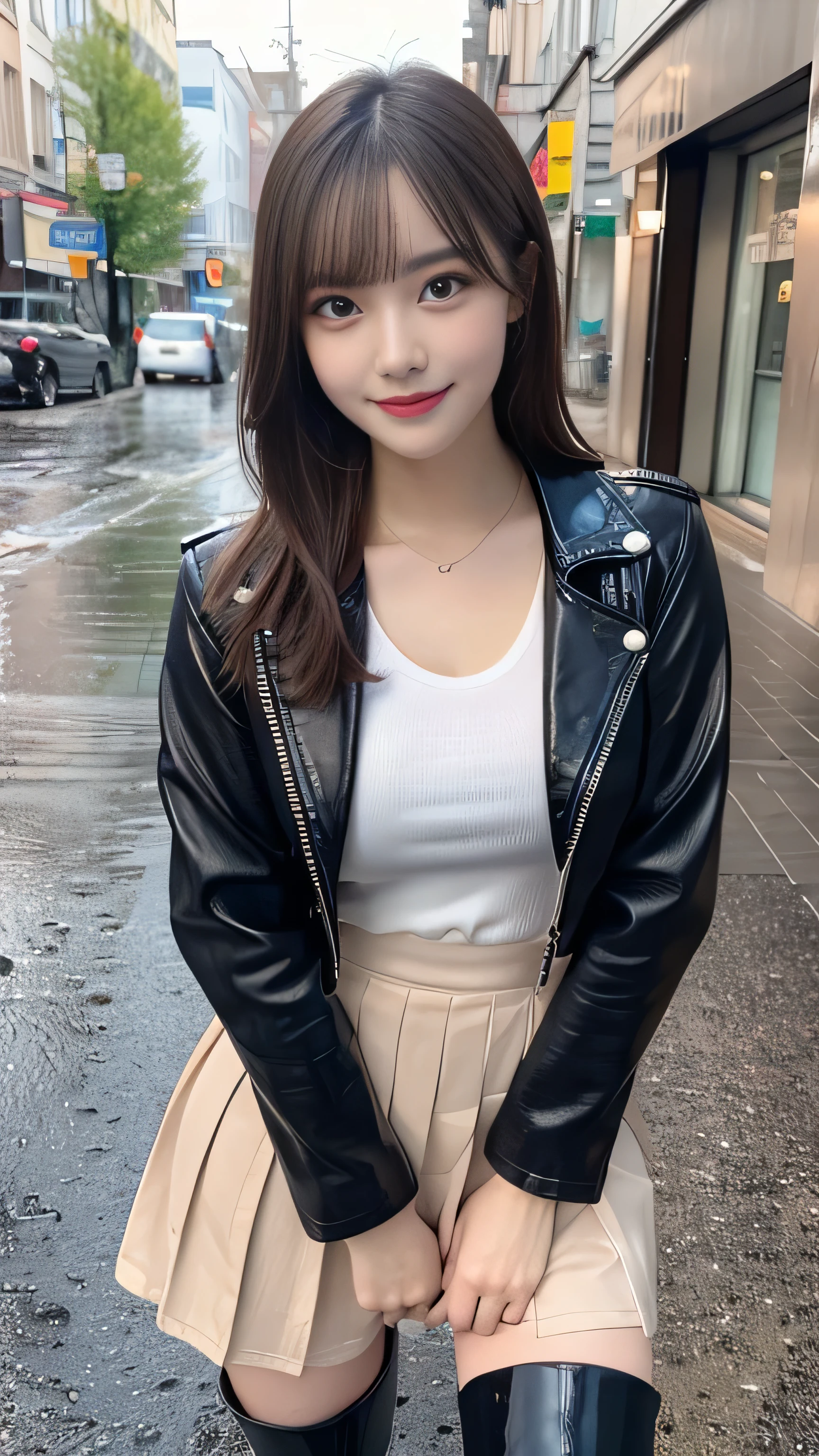 flying pose:1.5, front view:1.5, large breast:1.4, full body photo,((focus on crotch)), she is in a street, standing on a hard rainy street, one girl, High resolution ,blonde hair, Light Hair Color, sexy, Beautiful eyelashes ,High resolution ,Zoom out ,20-year-old ,Highest quality ,Very detailed ,Finer details ,High resolution ,8k wallpaper ,Beautiful eyes in every detail ,Natural lip color ,very beautiful:1.5, Full body,front view:1.5,looking camera, (riders leather thick Jacket,knee high boots, very high gloss:1.3, brown leather pleated mini thick skirt, Little Devil Smile), curvy thighs:1.5, (a beauty girl, delicate girl:1.3), break, very fine eyes, (symmetrical eyes:1.3), break,brown eyes, parted bangs,best smile, break, (eyes and faces with detailed:1.3), break, (masterpiece, best quality, ultra detailed, detailed face, 8k)