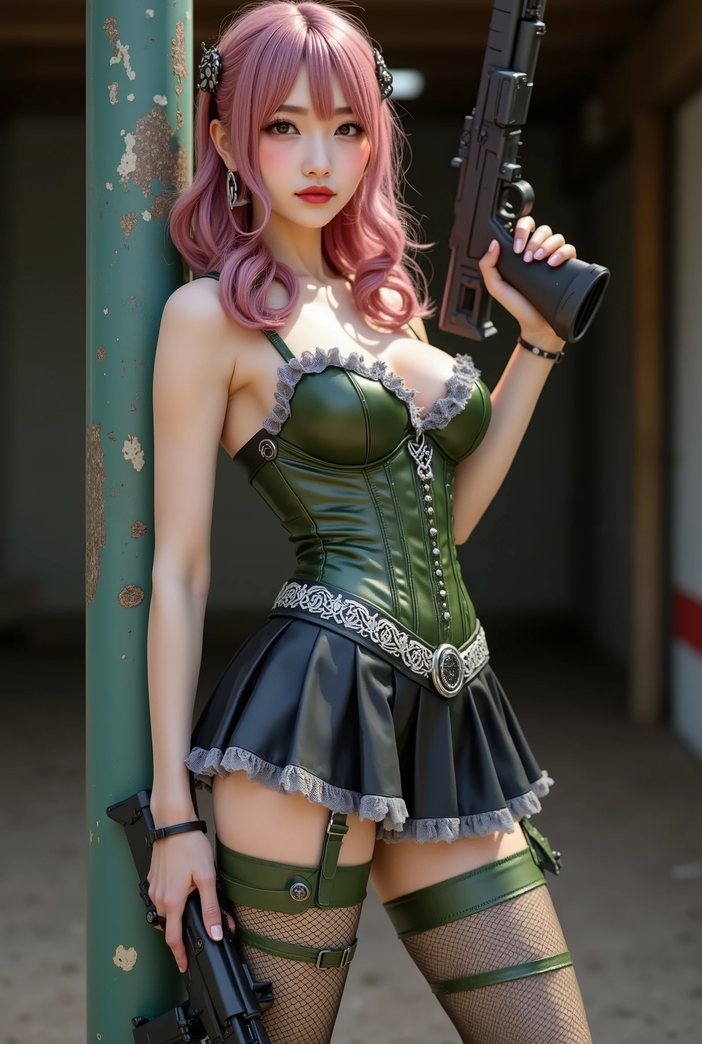 8k, masterpiece, realistic, ((Photorealistic realism)), Hyper high resolution, ((Hyper insanel quality, epic masterpiece, intricately detailed digital art)), ((focus on extremely Realistic Proportion Body:1.3), "Portrait of a woman {standing in front of a bullet trap at a shooting range, (hold one machine gun () with both hands)}." side view, ((shot above the knee)), (ultra-realistic texture details: velvety skin, hair), [(wavy hair|Pink, ((slicked one side))):1.3], ((sharp focus, no blurry eyes, Hyper absurd quality, Hyper details, {Hyper realistic brown eyes:1.4})), ((extra narrow eyebrows)), (Carefully draw Long eyelashes), (perfect round eyes), (finely detailed pupils, (extremely fine details pupils)), ((firm and full breasts:1.2)), {a bold, feminine creation:0.75} with Corset [BDSM ((Tight:1.3))|(Luxurious, shiny green lace latex)], [((pleated skirt))|(Luxurious shiny, Black latex:1.28))] and details such as [(lace|grey:1.25)], [((mesh stockings|green))] and [((garters|black))], belt [(silver|chain)] with [((additional military equipment))], (emphasizing her curves and creating a sexy, pretty look, sensual look at the viewer:1.4), {extremely detailed, sharp, clear, photorealistic image with sunrise lighting without shadows, dslr}, sharp image, sharpness and clarity in global illumination, captured by Fujifilm XT3, f 5.6, (perfect composition), HDR, UHD, physically-based rendering, ((vivid colorful)),