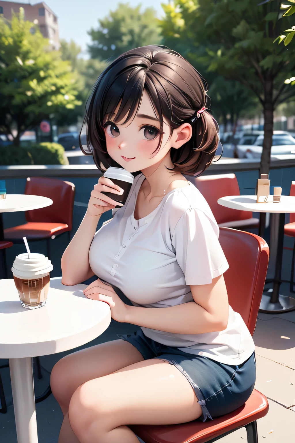 ((High Resolution)), ((Lighting and Color)), ((masterpiece)), ((Brown eyes)), ((drinking coffee)), ((sitting))A young woman with dark, wavy chestnut hair, left loose and slightly tousled by the breeze, stands confidently on a lively urban street. She wears a relaxed white cotton shirt that highlights her natural elegance, paired with gray denim shorts that complement her casual style. She poses with a subtle, confident smile, slightly tilting her body to one side. The background features a blend of modern skyscrapers, quaint cafes, and bustling pedestrians. Soft sunlight gently illuminates her face, creating a warm glow and emphasizing her presence amidst the city's hustle and bustle."