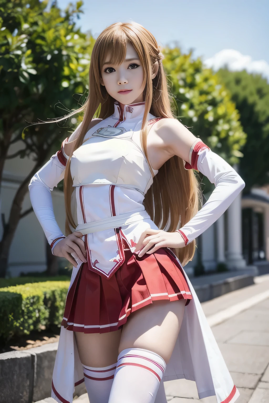 ( masterpiece, top quality, perfect anatomy, Hi-Res, 8k, natural skin texture, without makeup:1.2), 1 girl, Japanese, age 14, female student, in a super cute , have smiling faces, ( Small breasts:1.2), (perfect figure1.2), and intimate , (ULTRA REAL: 1.4), RAW photos , realistic skin, very detailed, perfect anatomy, very detailed skin, Physically Based Rendering, double eyelid , droopy eyes , innocent face, Cute Poses , ((( very small breasts: 1.4))), (clear areolas that are light brown), ( small ass),( slender body, small) cute face, asuna(sao) costume, detached sleeves, asuna_first_uniform, white thigh-highs, red pleated miniskirt, white shoes, (((bare nipples))), bare chest, hand bra, nipples