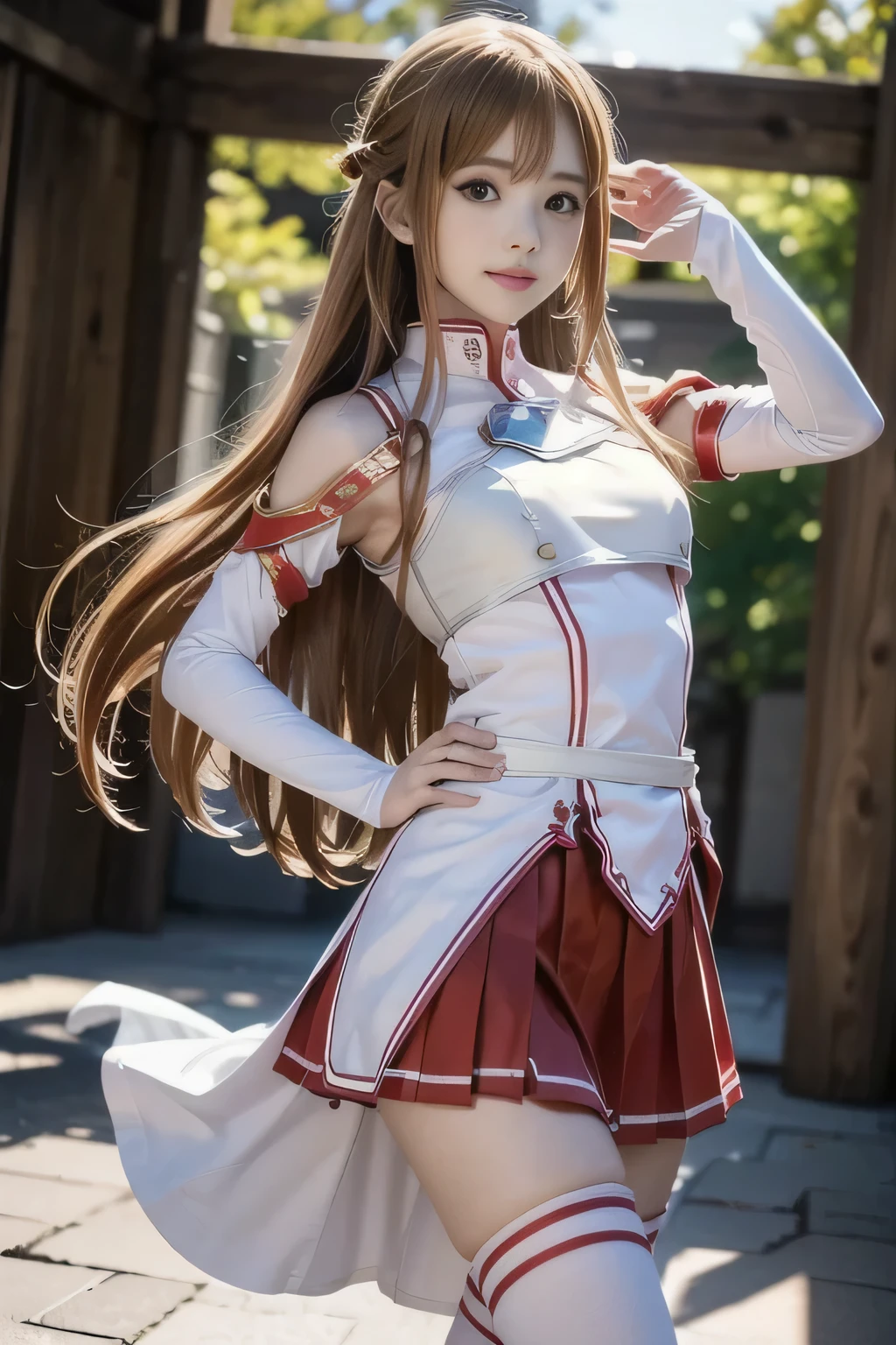 ( masterpiece, top quality, perfect anatomy, Hi-Res, 8k, natural skin texture, without makeup:1.2), 1 girl, Japanese, age 14, female student, in a super cute , have smiling faces, ( Small breasts:1.2), (perfect figure1.2), and intimate , (ULTRA REAL: 1.4), RAW photos , realistic skin, very detailed, perfect anatomy, very detailed skin, Physically Based Rendering, double eyelid , droopy eyes , innocent face, Cute Poses , ((( very small breasts: 1.4))), (clear areolas that are light brown), ( small ass),( slender body, small) cute face, asuna(sao) costume, detached sleeves, asuna_first_uniform, white thigh-highs, red pleated miniskirt, white shoes, bare nipples, bare chest, hand bra