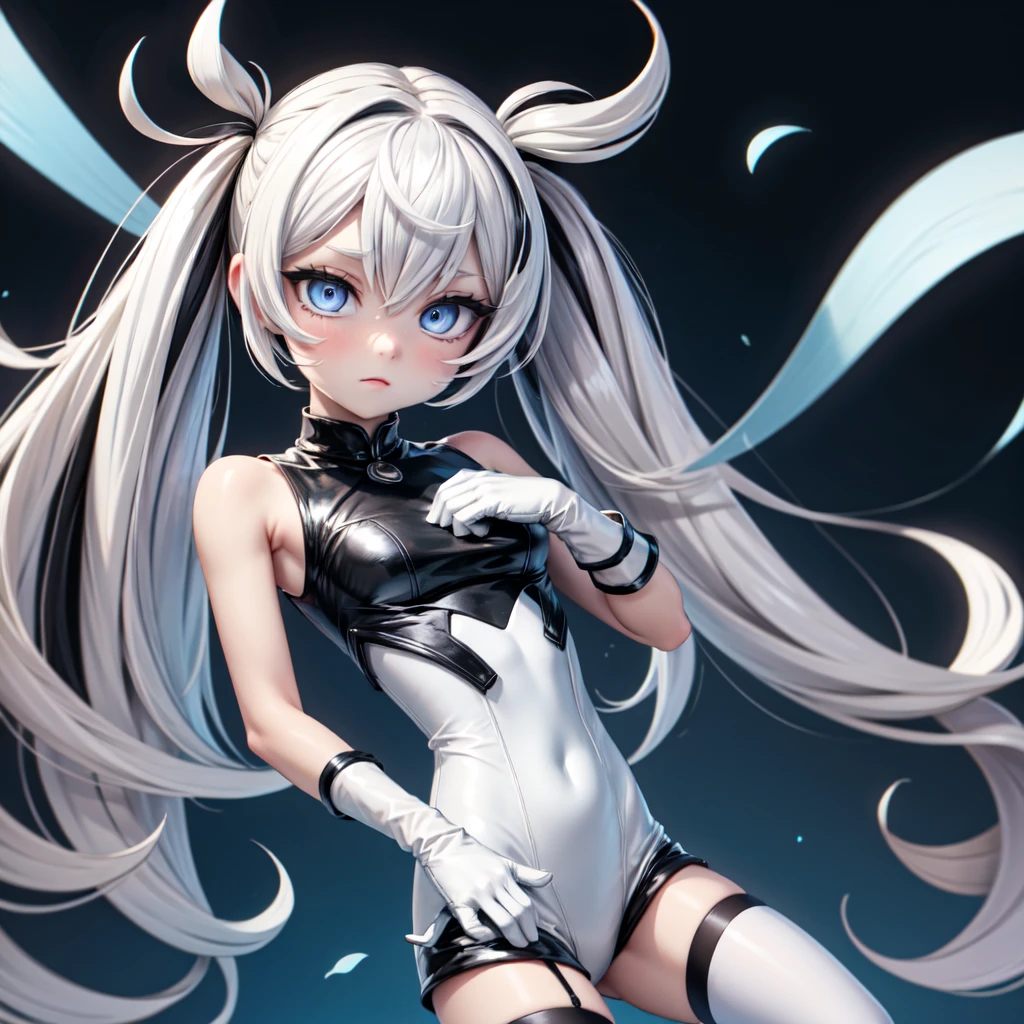 white dress, scattered vibrant hues like an artist's palette, short hair, bob cut, white hair, natural pose, full body, background resonating a burst of pigments, beautiful eye, closed mouth, evil smile, female protagonist, young girl, deep purple or deep-sea blue eyes, white one-piece dress, light-themed, mischievous expression, explosion of colors, splashes of colorful paint,