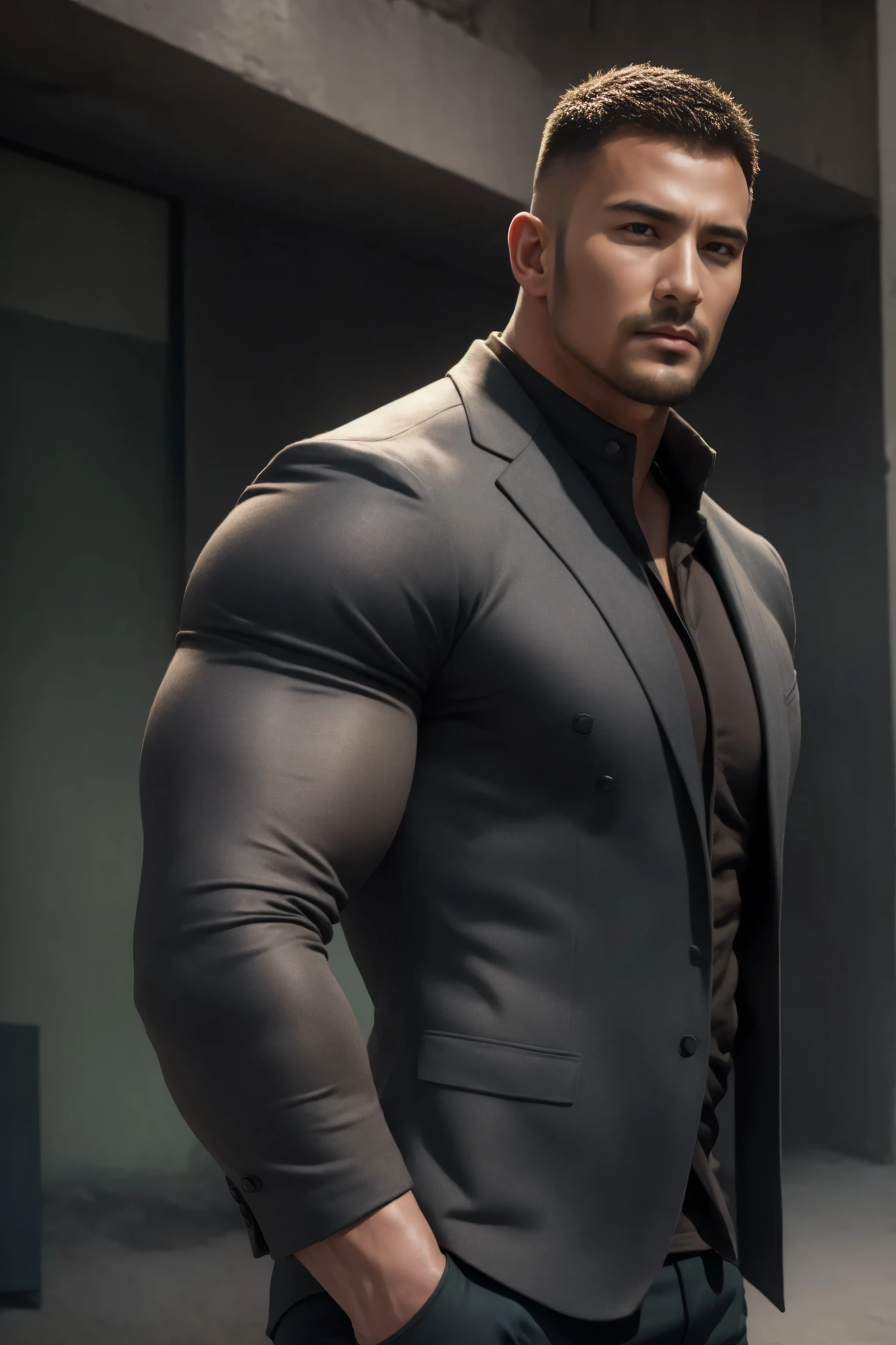 两个 Muscular男人深情拥抱着, VERY STRONG ,Right angle muscle shoulder ,buzz cut,Flat head,Ruins in an abandoned city in the open air, 他背靠着脏污的墙壁,He wears an upscale blazer , and wears a high-neck, long-sleeved, tight-fitting t-shirt made of grey modal fabric, He has a sad expression, Lift your chin, messy hair , thick thighs , High Aims Neck Long Sleeve Gray Brown Superhero Bodysuit, Very tight, Regular symmetrical pattern, High Aimslight muscles, 警服裤, character concept (buzz cut Chris Redfield) proud expression, Deep charming eyes, Heroic male pose, tall Burly, Muscular! Muscular thighs, Tough Guy, Perfect facial features, High Aims, Burly, Heqiang, Super exquisite and cool, High Aims Resolution Committee, Extraordinary Charm , The sun is strong, is dazzling