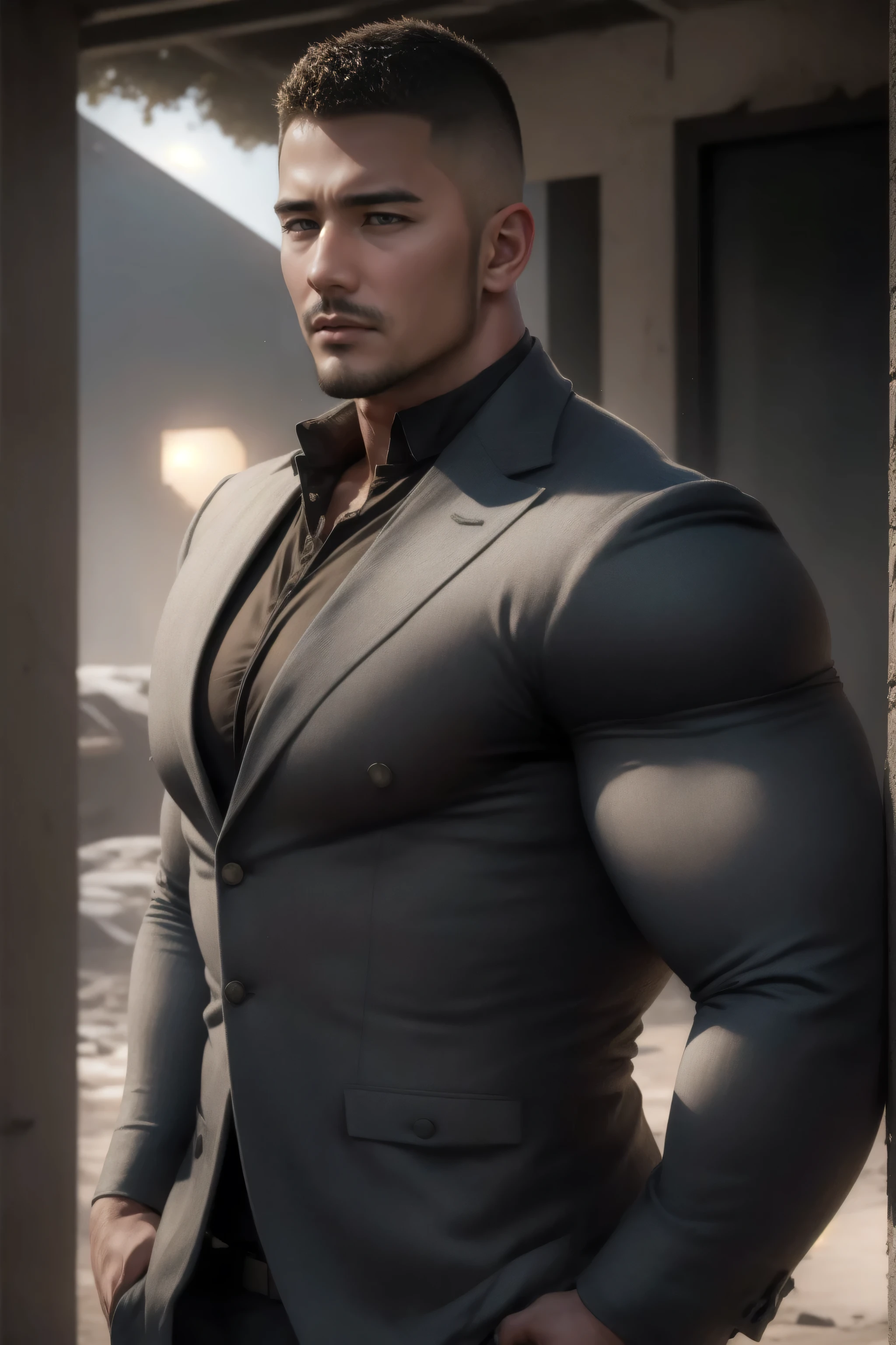 1man, middle-aged man, red eyes, evil smirk, mustache, beard, prominent muscular body, veins, bigger muscle biceps, bigger muscle chest, bodybuilder bodyshaped, white t-shirt, grey trousers, midnight city (background), morning, hd, high quality, realistic, hyperdetail, ultra-realistic, 8k Resolution
