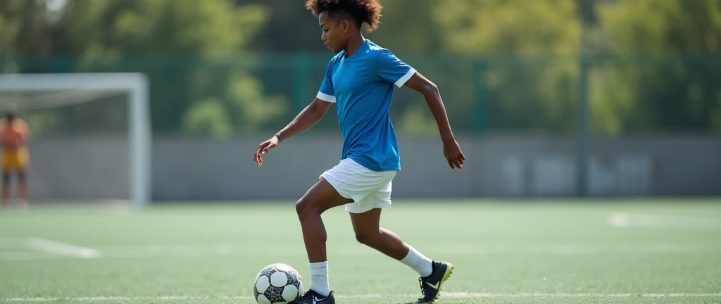 An adidas soccer ball with black predator cleats next to the ball, with a soccer pitch background with a black boy facing down while sitting