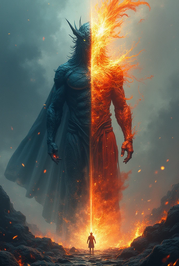 At the foot of the volcano, Vortex, Varys, and a male fire avatar, an inhuman fire elemental spirit, face each other. Vortex has long black hair blowing in the wind, his black coat fluttering, and a dark sword in his hand. His cold eyes stare sharply at the fire avatar, engulfed in flames. Varys is clad in gothic black armor, carrying a large sword with a blood-red jewel shining on it, and stares calmly at the fire avatar.
The fire avatar they face is not a human, but a being of pure fire and heat, his entire body engulfed in blazing flames. His body is constantly changing shape, mixing the hard texture of red-hot rock with the softness of flickering flames. His eyes emit the light of fire, and the heat distorts the air around him. The intense heat scorches the ground around him, and his presence gives a sense of overwhelming power.
The three exchange glances in the midst of the volcano, where the violent forces of nature swirl, as they hold a quiet but tense conversation. Vortex and Varys seem to be trying to convey something to the fire spirit, but the heat of the flames drowns their words, leaving them unclear.