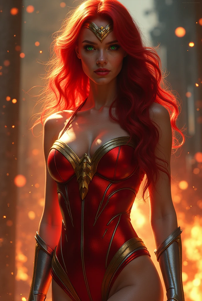 (full body shot:1.1) photorealistic image of a woman, ultrarealistic, photography, long red hair, girl, 24 years old, hourglass figure, perfect body, Flirty look, extremely detailed artgerm, in the style artgerm, facing the camera, lens 35 mm, blur background, scarlet witch red cosplay, she is floating high in the air, red electric glowing hands, sparkling with red electricity, outside in dark clouds, clouds with blue electricity, full body, full body pic (full body) (full body portrait), show her from head to toe, she is wearing red knee high boots with gold soles, destroyed and burning buildings down on the ground, camera is high in the air, the camera is looking down on the ground
