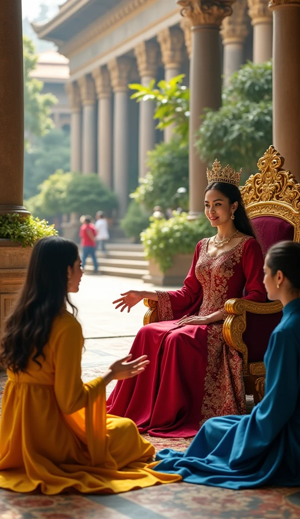 There is a woman who is sitting on a beautiful throne and is wearing a colorful dress. Her face is smiling and in front of her is a boy standing with folded hands. The wall behind is decorated with flowers.
